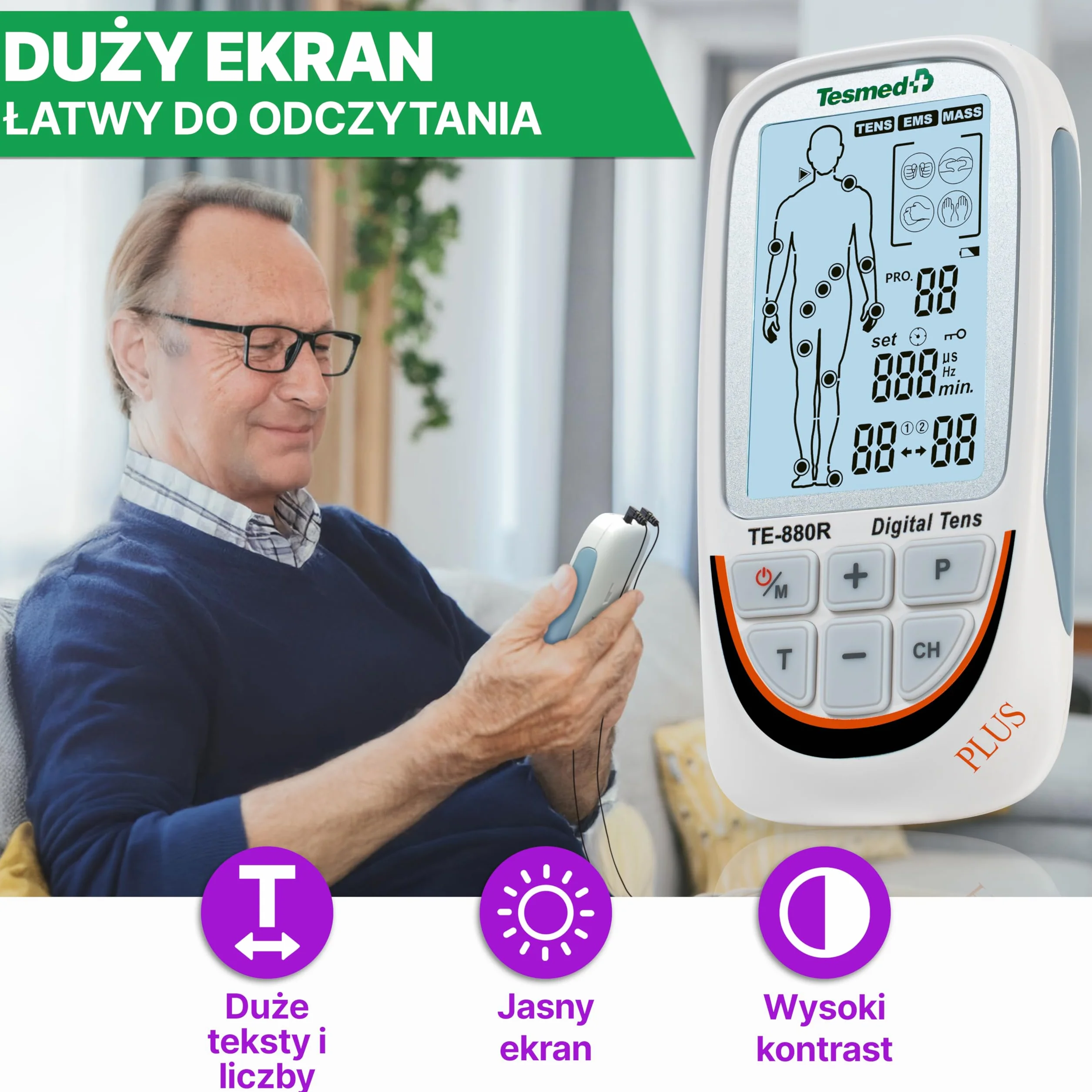 TESMED TE-880R Plus elektrostymulator mięśni do wielokrotnego ładowania, EMS, TENS, masaż: 73 programów Cui 2 konfigurowalne - działa z 8 elektrodami
