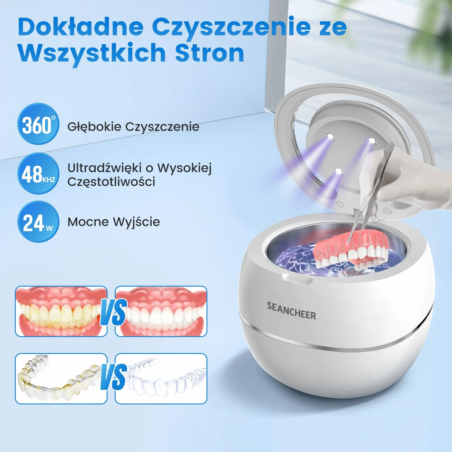 SEANCHEER Czyszczarka ultradźwiękowa 48kHz 180ML UV do protez retainerów alignerów szyn zębowych