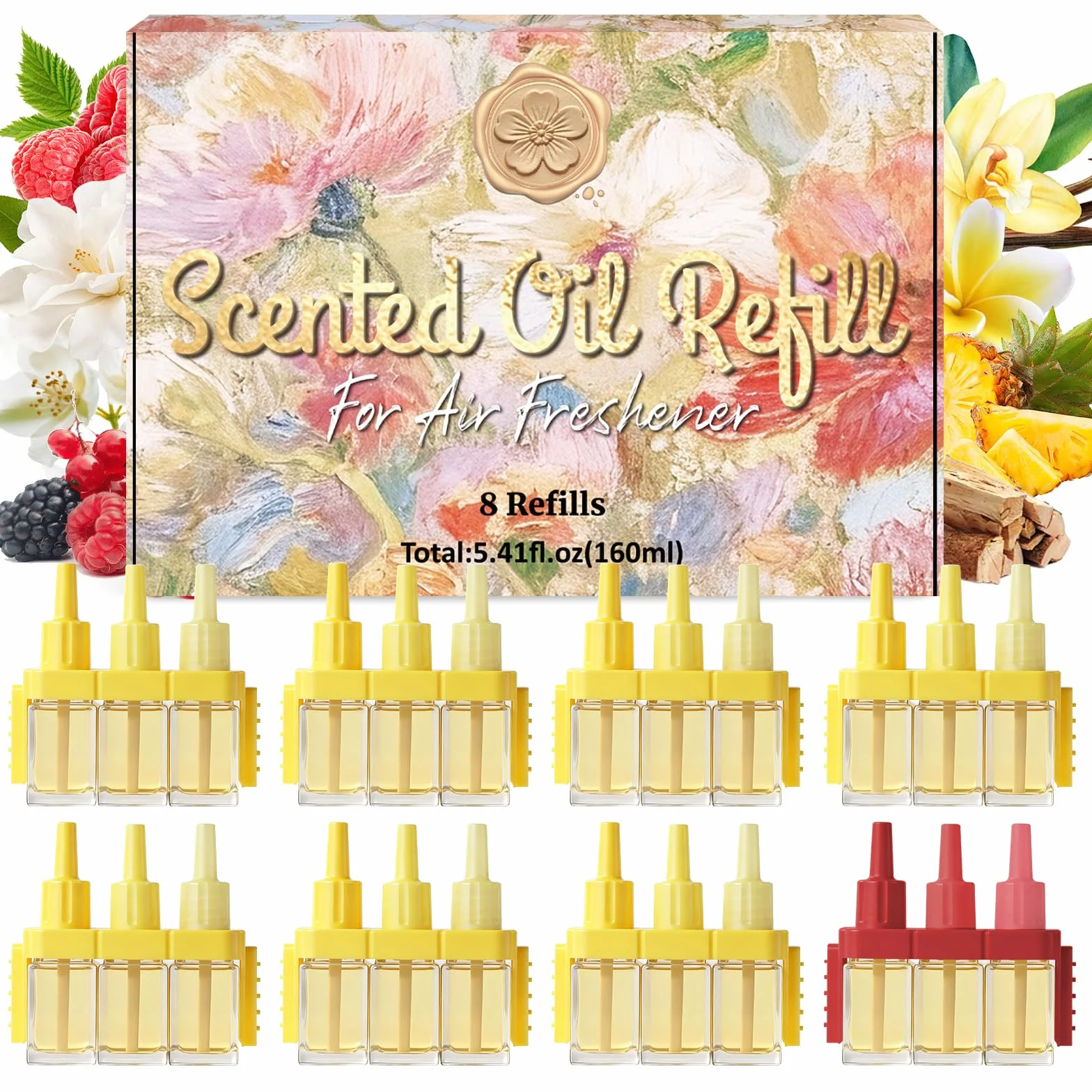 SCENTORINI Febreze Ambi Pur 3Volution wkład zapachowy, 7 + 1 szt., mieszanka mieszanek, każdy po 20 ml, kompatybilny z Febreze Ambi Pur 3Volution, hawajski, wanilia, zapach drzewa sandałowego