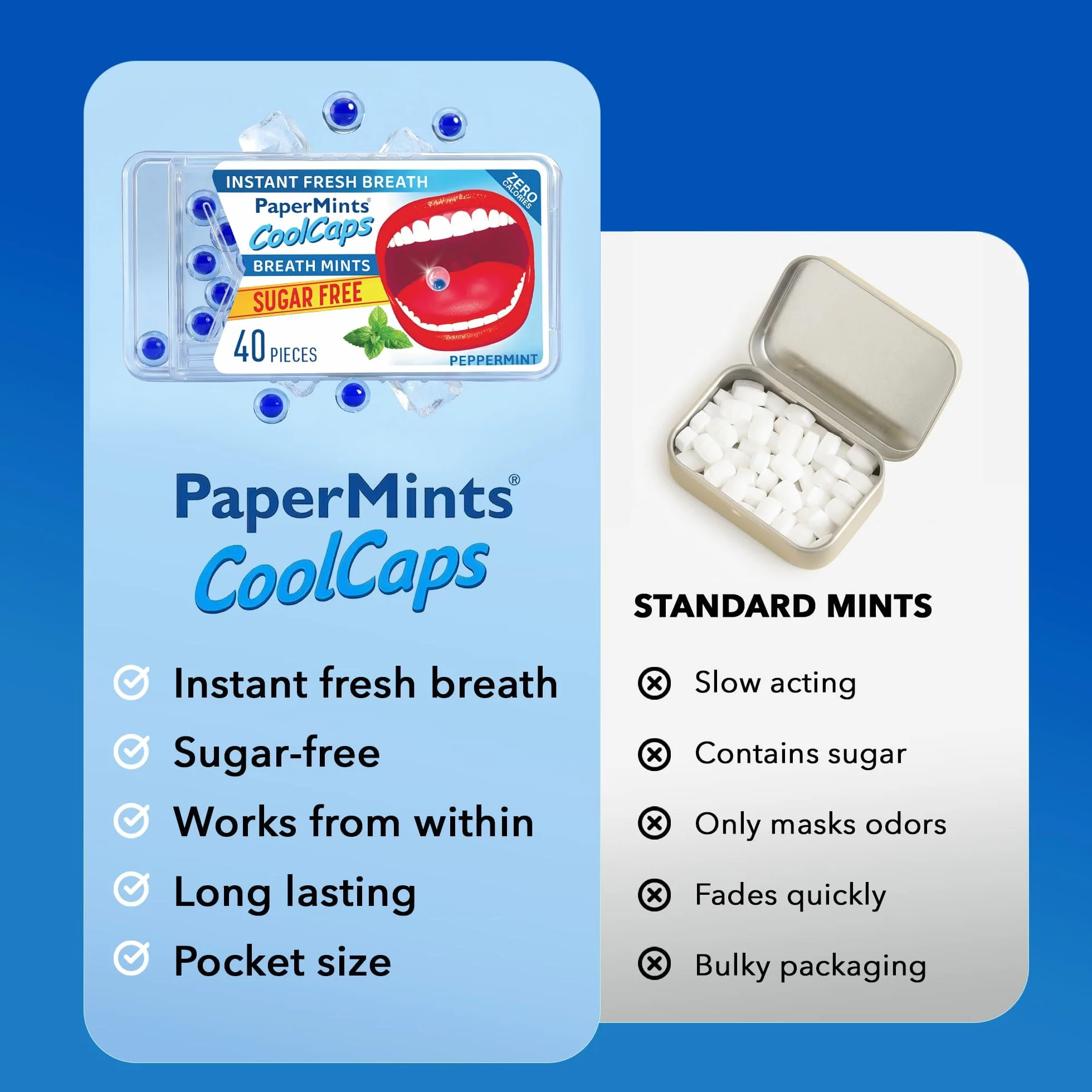 Papermints CoolCaps Natychmiastowa świeża mięta pieprzowa pudełko na oddech, opakowanie 40 x 4 szt., odświeżacz powietrza i zabieg na nieświeży oddech dla dorosłych, leczenie cuchnący oddech,