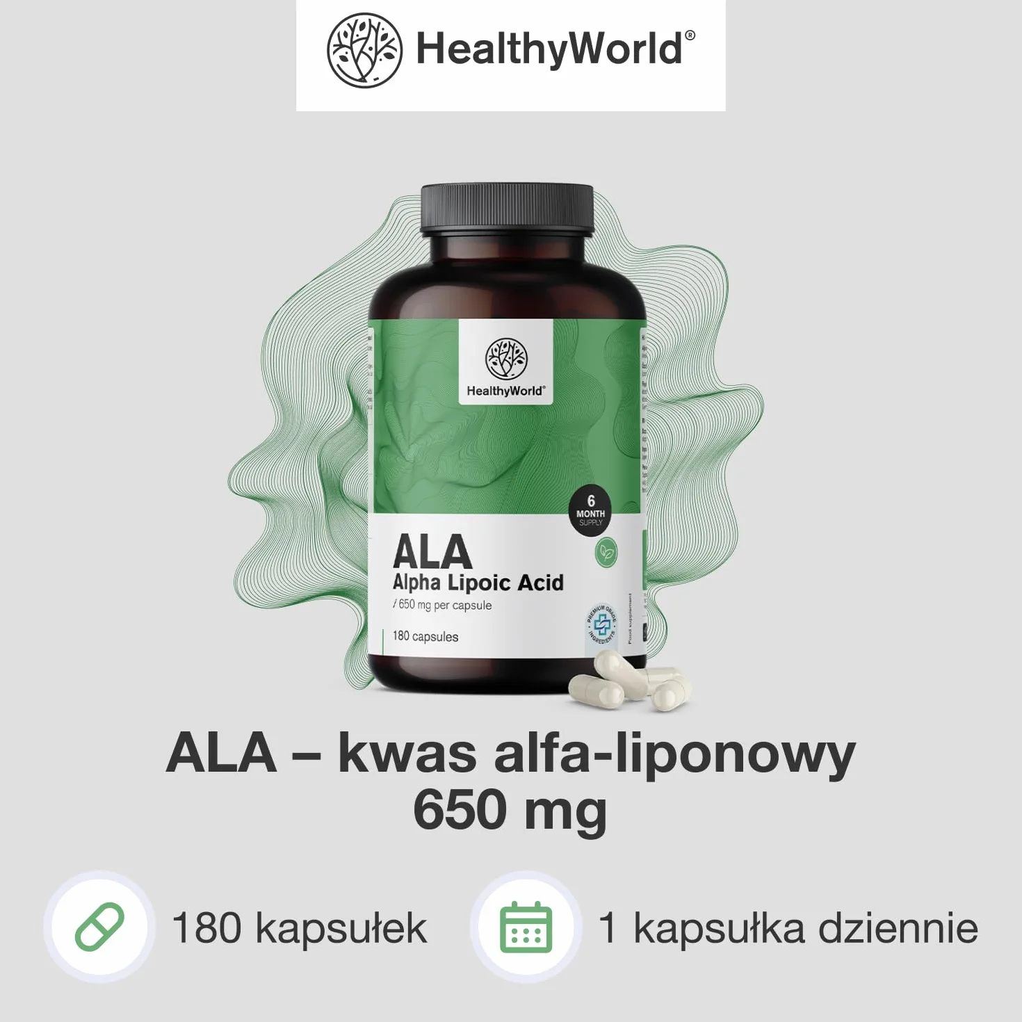 HealthyWorld ALA – Kwas Alfa-Liponowy – 650 mg w Dziennej Porcji – 180 Kapsułek Roślinnych – Zwiększenie Energii – 6-Miesięczny Zapas – Świetna Przyswajalność