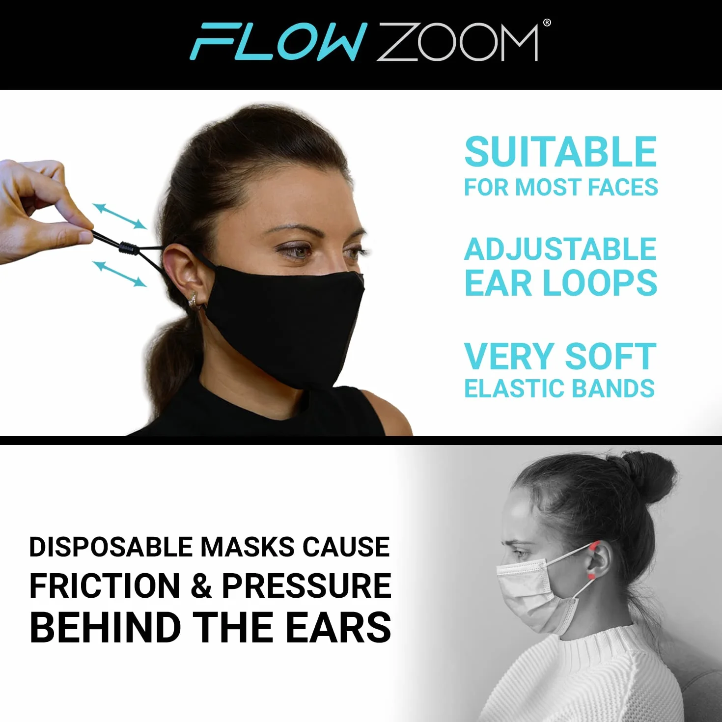 FLOWZOOM Zestaw 2 masek bawełna poliester 3-warstwowe z komorą na filtr PM2.5 regulowane zauszniki rozmiary L M