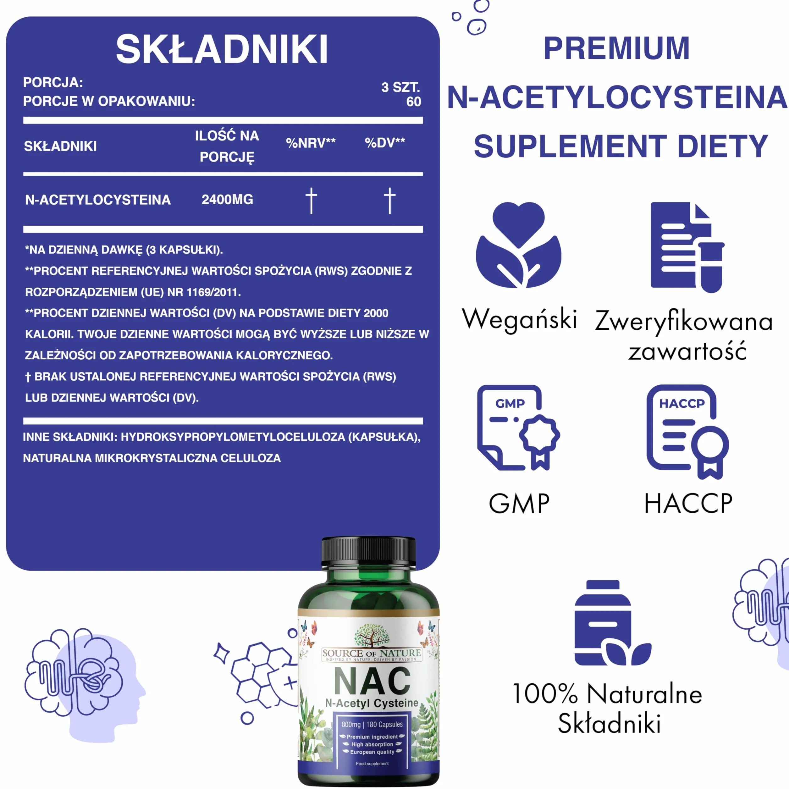 Source of Nature® | NAC | 800mg | 180 Kapsułek | N-acetylocysteina | Wegańska | Produkcja UE | Naturalna