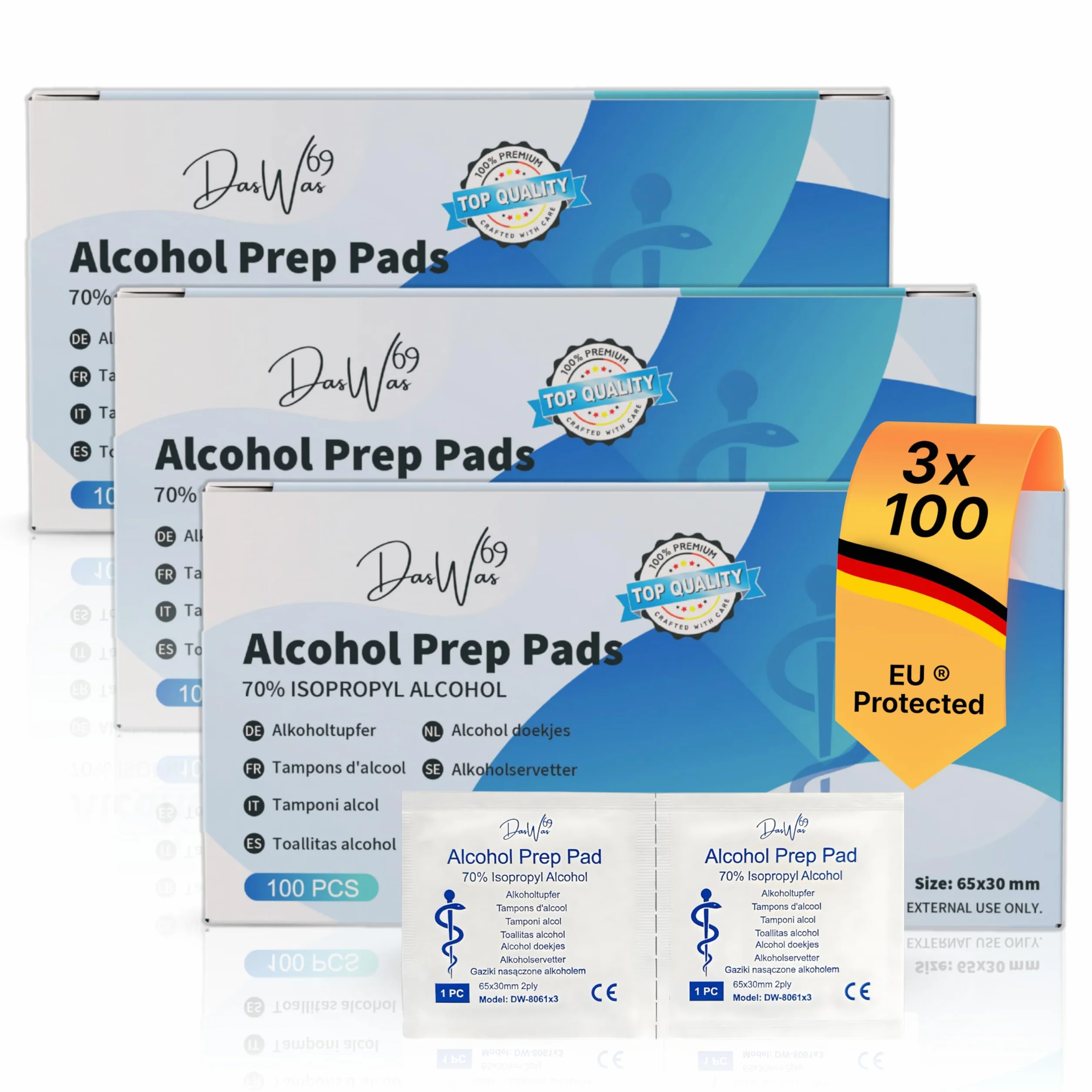 DasWas 3 x 100 Chusteczki Alkoholowe – 70% Izopropanol Poduszki Dezynfekujące – Jednorazowe Chusteczki do Dezynfekcji Skóry (65×30 mm) – 300 Alcohol Pads