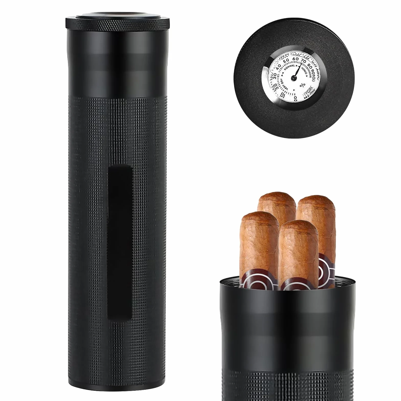 Przenośny humidor do cygar, etui na cygara z higrometrem, podróżne, na cygara, na 3 do 4 cygar, humidor ze stali nierdzewnej, prezent dla miłośników cygar (czarny)