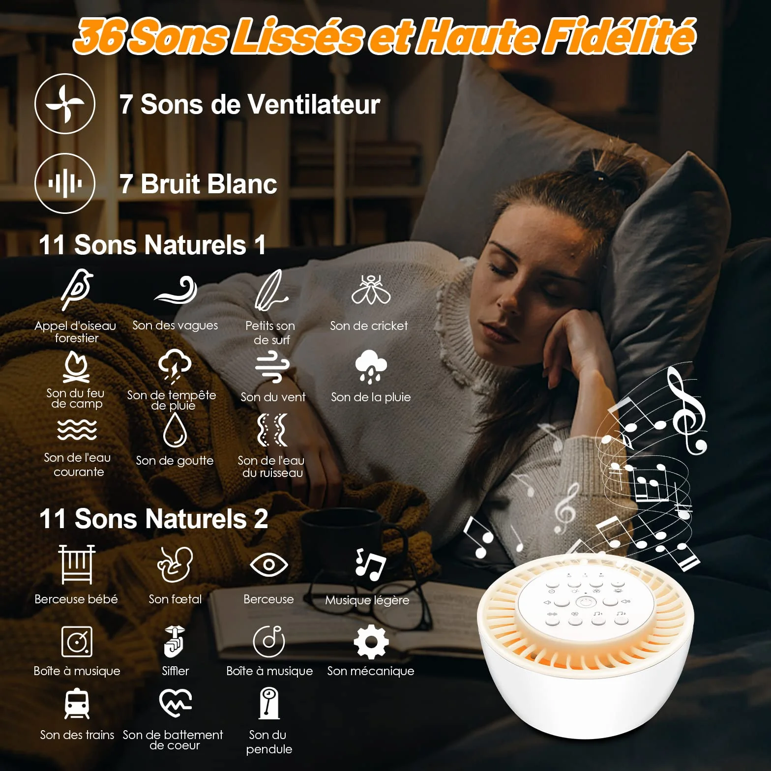 White Noise Machine Przenośny szum dla Niemowląt z 36 Relaksującymi Dźwiękami Funkcją Pamięci i Timerem Zasilany przez USB-C aby Pomóc zasnąć dzieciom i dorosłym