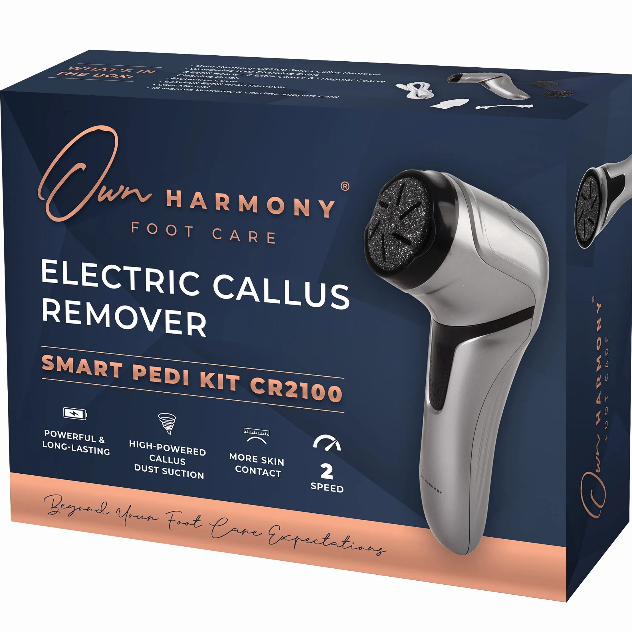 Own Harmony Elektryczny Pilnik do Stóp CR2100 - Profesjonalny Zestaw Narzędzi do Pedicure do Usuwania Zrogowaceń - Najlepsza Pielęgnacja Stóp dla Twardych, Suchych, Popękanych Pięt (3 Głowice Rolki)
