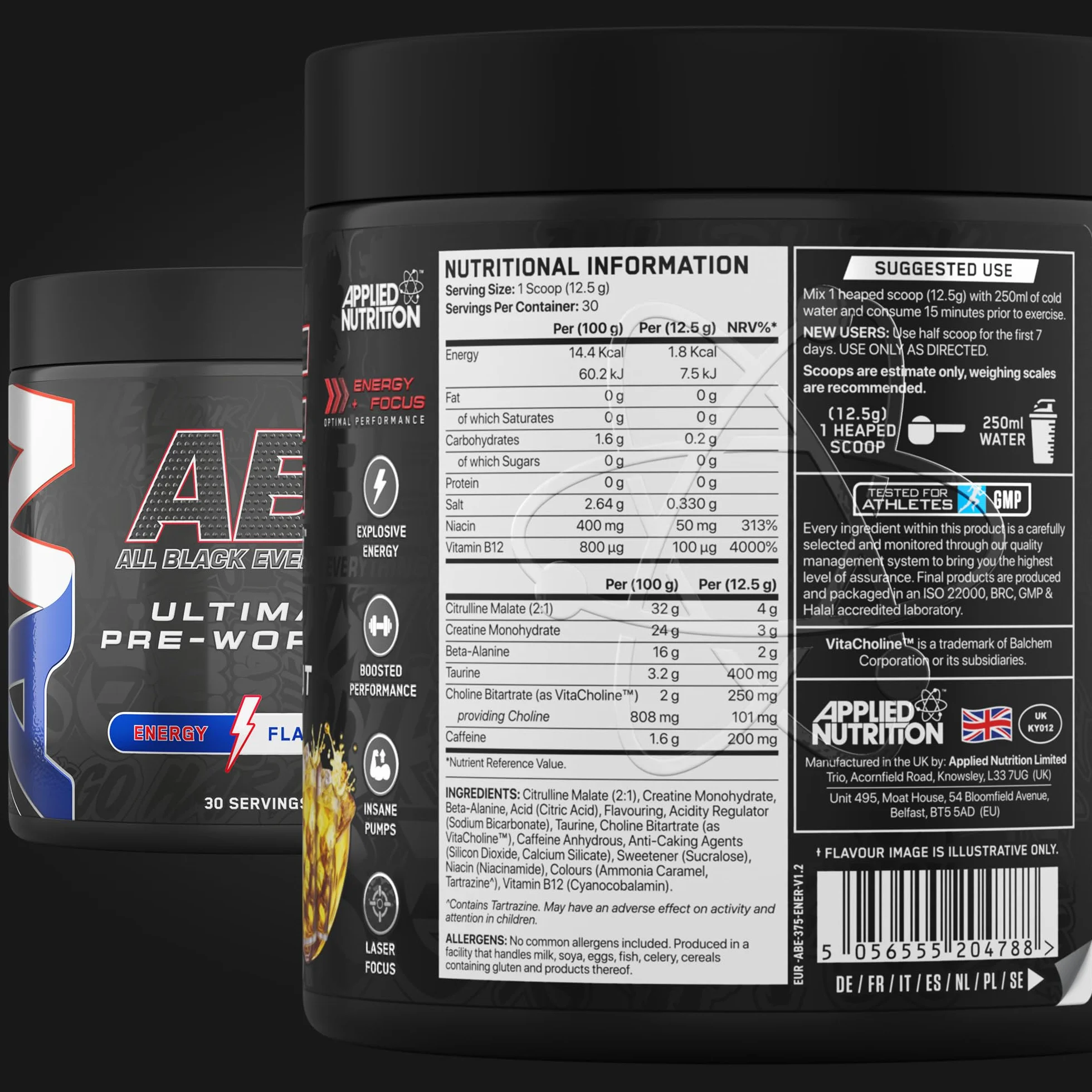 Applied Nutrition ABE Pre Workout - All Black Everything Pre Workout Powder, Energia i Wydolność Fizyczna z Cytruliną, Kreatyną, Beta-Alaniną (Energy Flavour, 375g - 30 porcji)