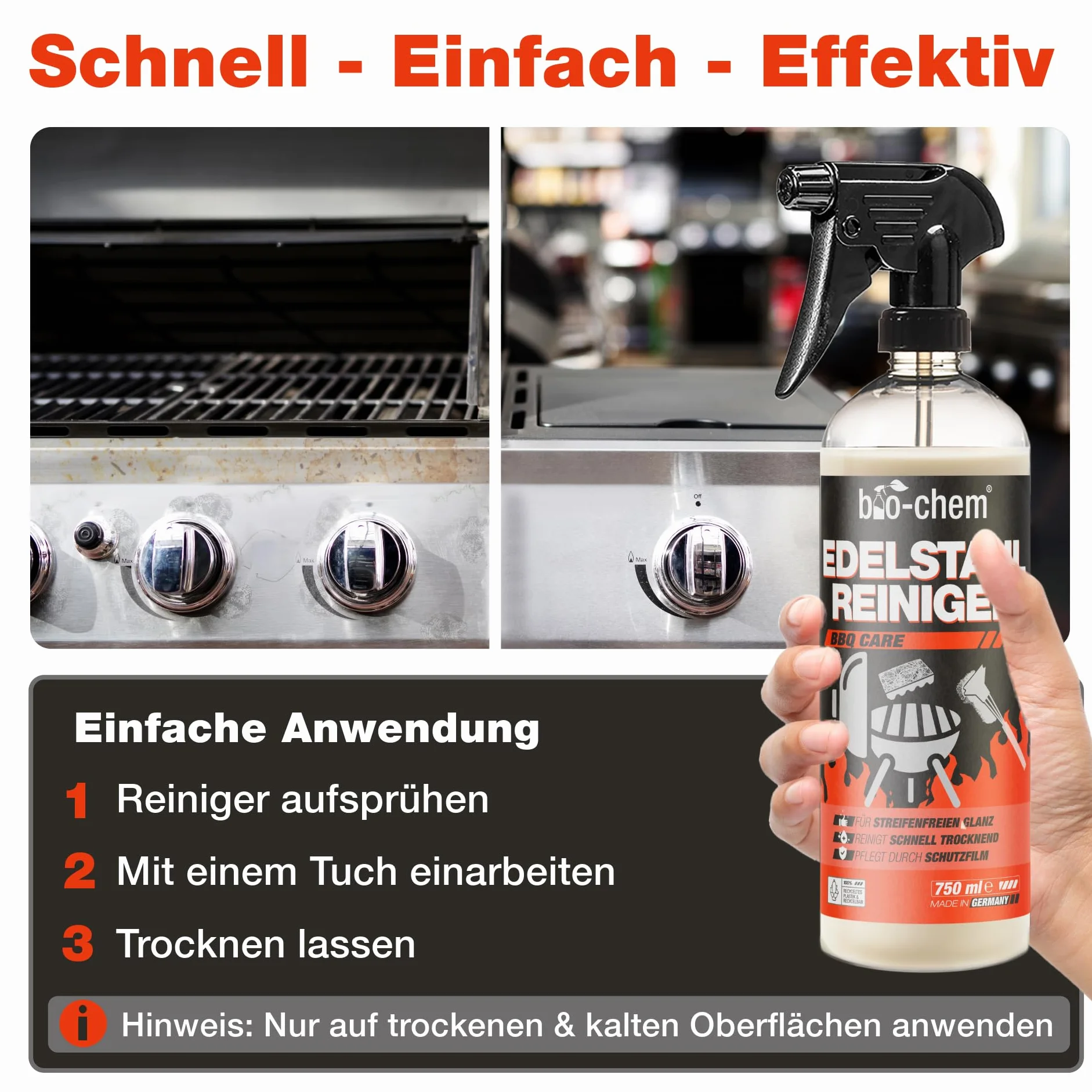 bio-chem Środek do czyszczenia stali nierdzewnej – 750 ml – spray do pielęgnacji kuchni, gospodarstwa domowego i grilla ze stali nierdzewnej, aluminium i chromu – pielęgnacja stali nierdzewnej