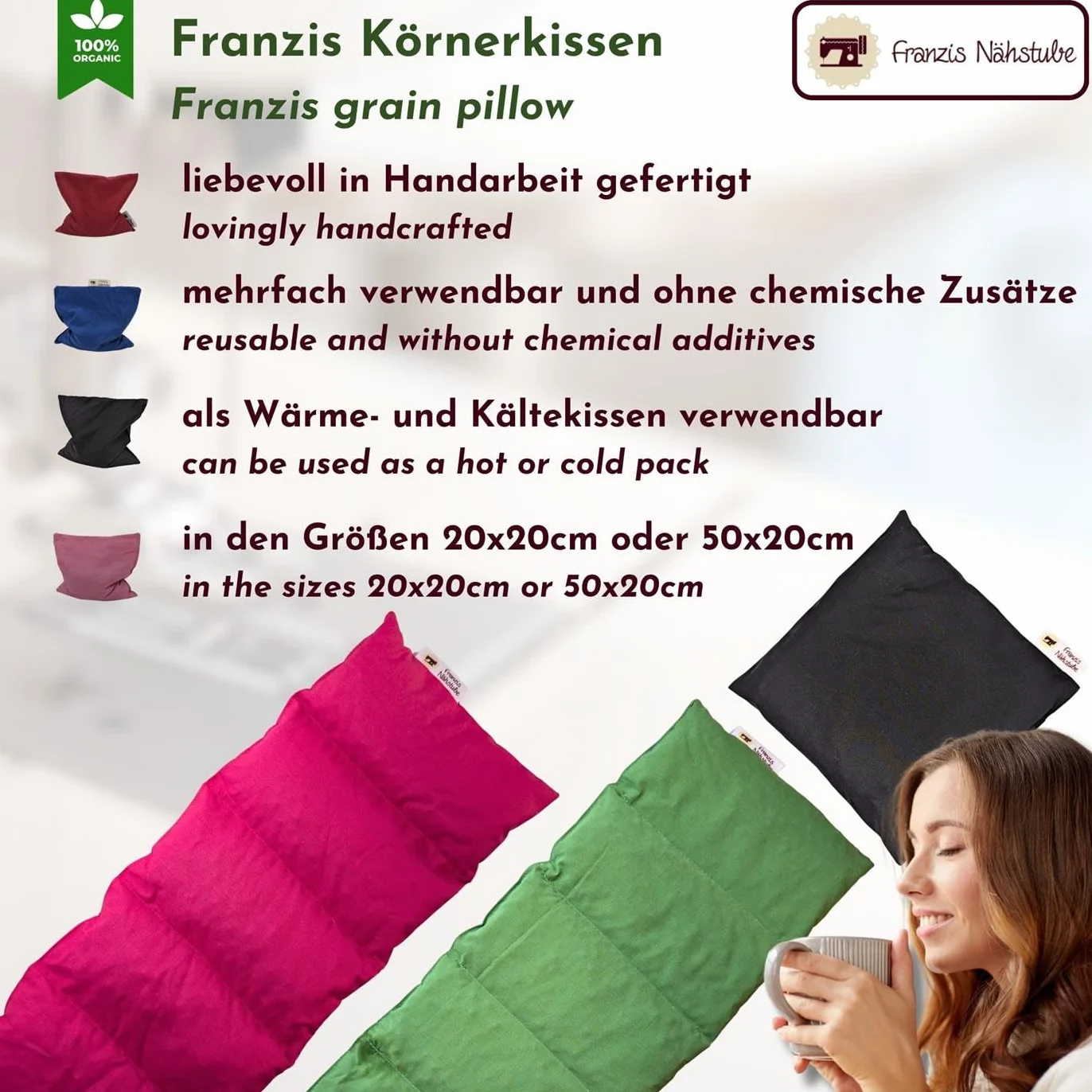 Franzis Nähstube 50x20cm Cherry pit pillow blue in 100% cotton I Microwavable cherry pit pillow 50x20 I Heat pad, cherry pit pillow, neck heat pillow