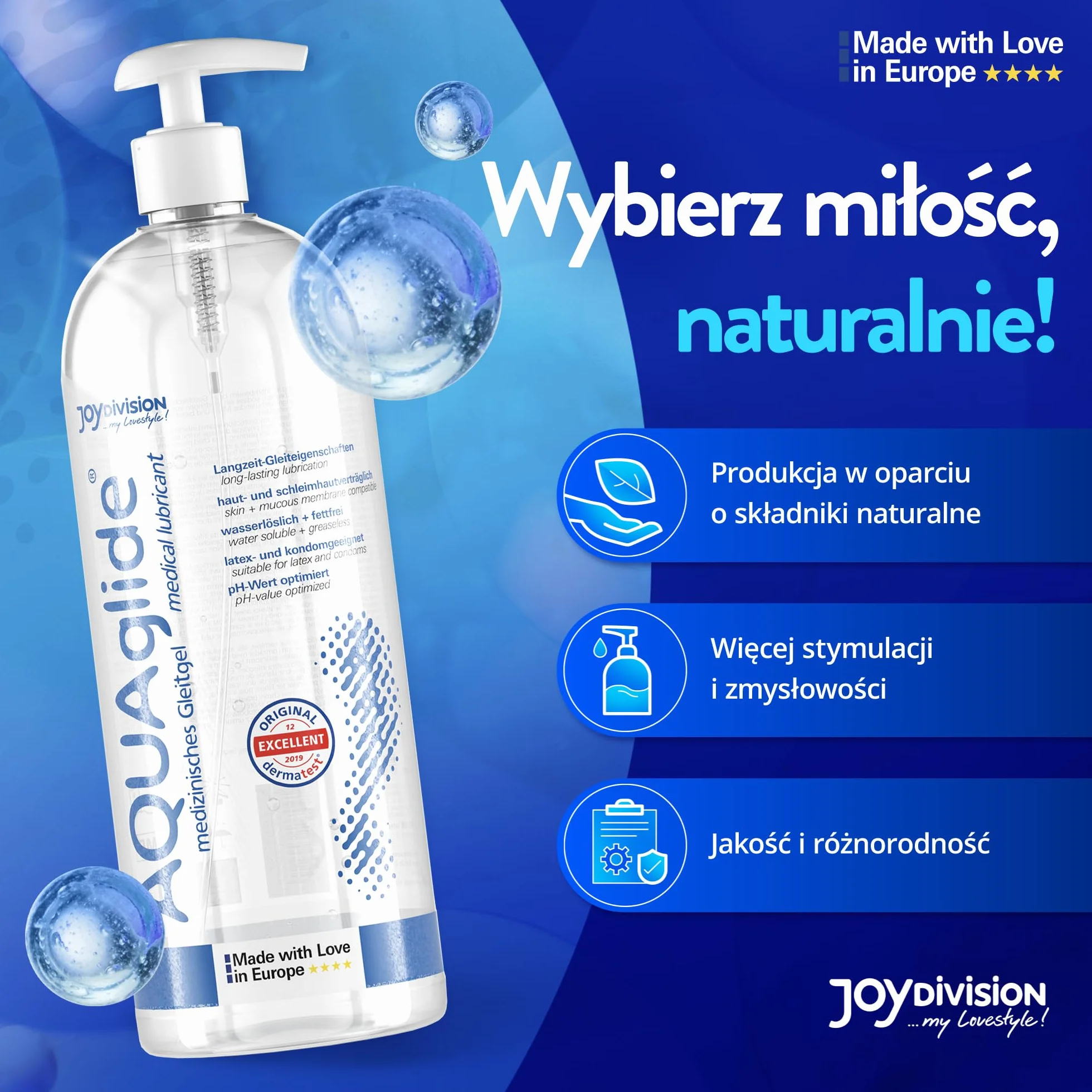 Joydivision Original AQUAglide 1000 ml naturalny lubrykant, krystalicznie czysty i wegański lubrykant, o zoptymalizowanym pH i kompatybilny z prezerwatywami lateksowymi
