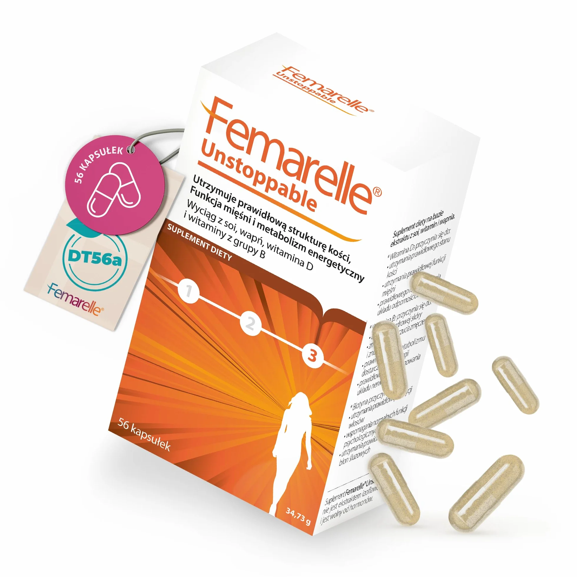 Femarelle Unstoppable 56 kapsułek – Wsparcie po menopauzie z DT56a, witaminą B2, D3, biotyną i wapniem