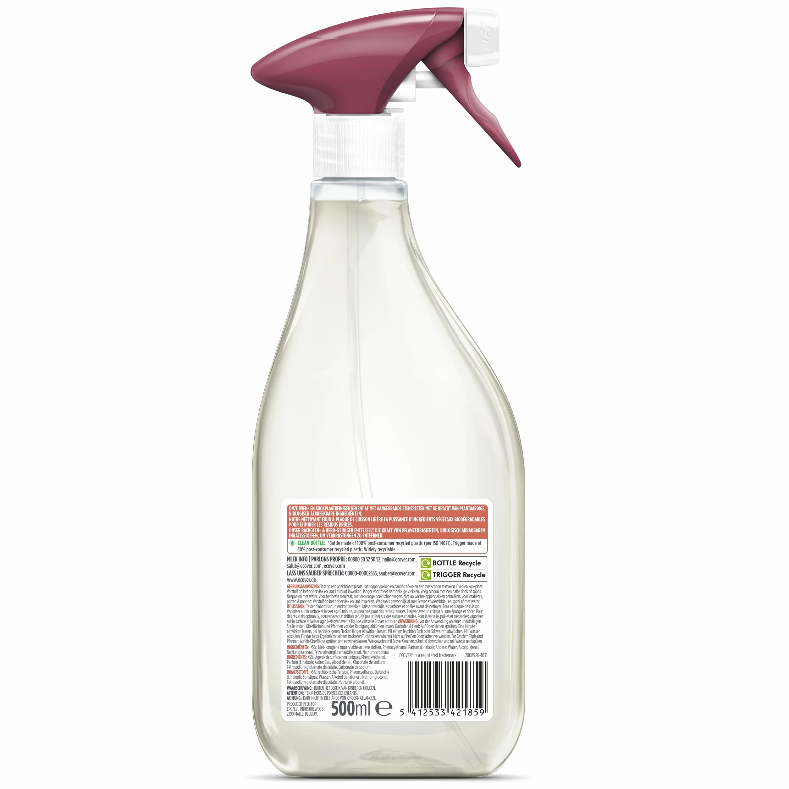 Ecover Spray do czyszczenia kuchni, do piekarnika i kuchenek, skuteczny środek do usuwania tłuszczu przeciwko zabrudzeniom, 6 sztuk, 6 x 500 ml