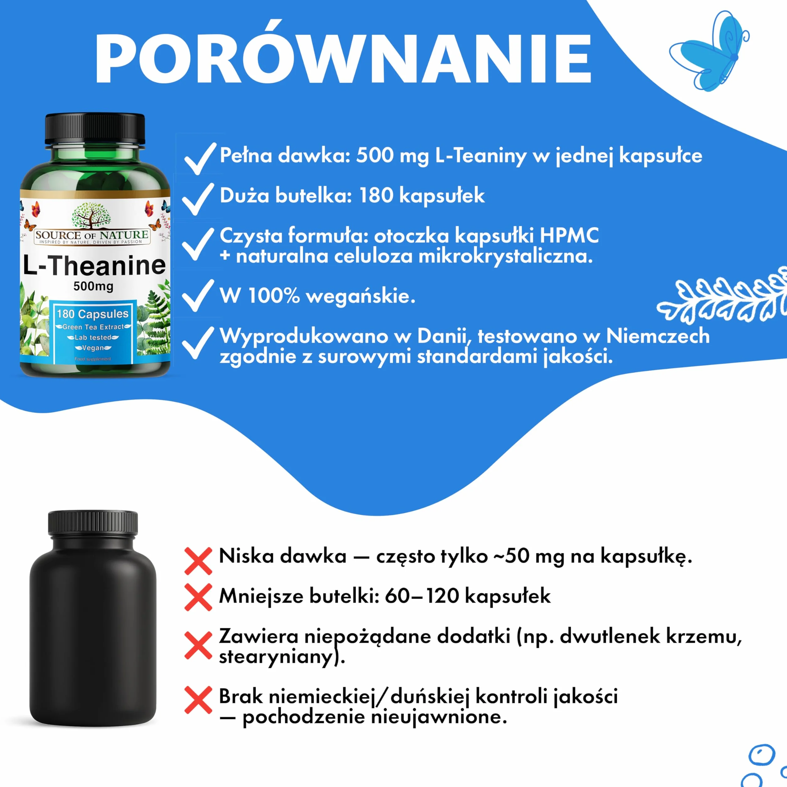 L-Teanina 500 mg 180 Wegańskich Kapsułek Wysoka Dawka Aminokwasu z Zielonej Herbaty 98% Czystości Bez Dodatków
