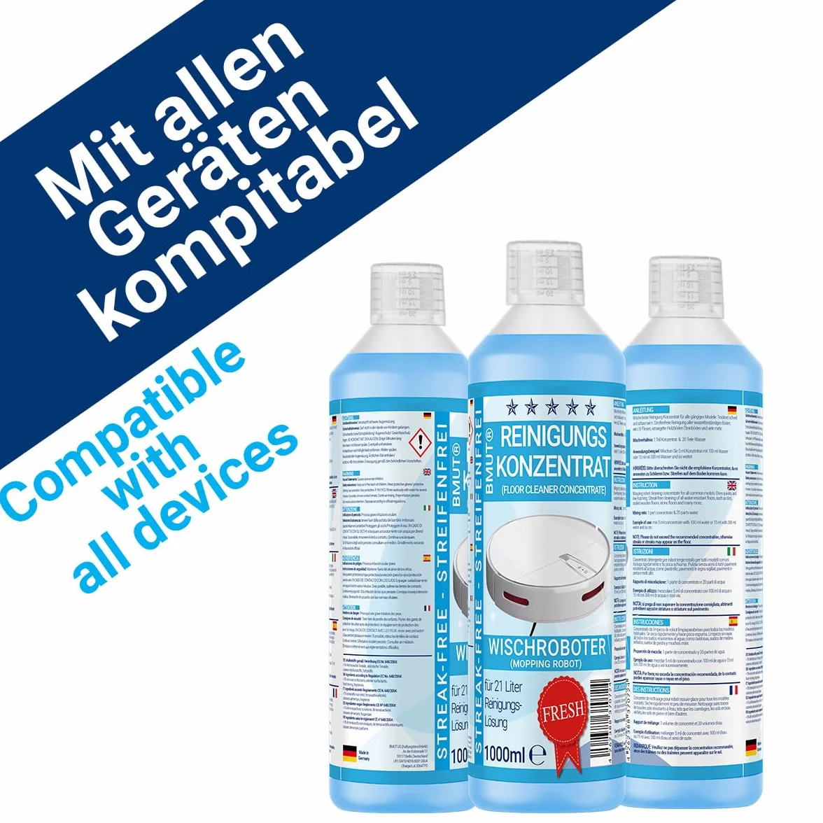 12x 1000 ml koncentratu do czyszczenia robota sprzątającego z świeżym zapachem i miernikiem | Bez pasków i mało piany | Odkurzacz do szorowania | Środek czyszczący do podłóg