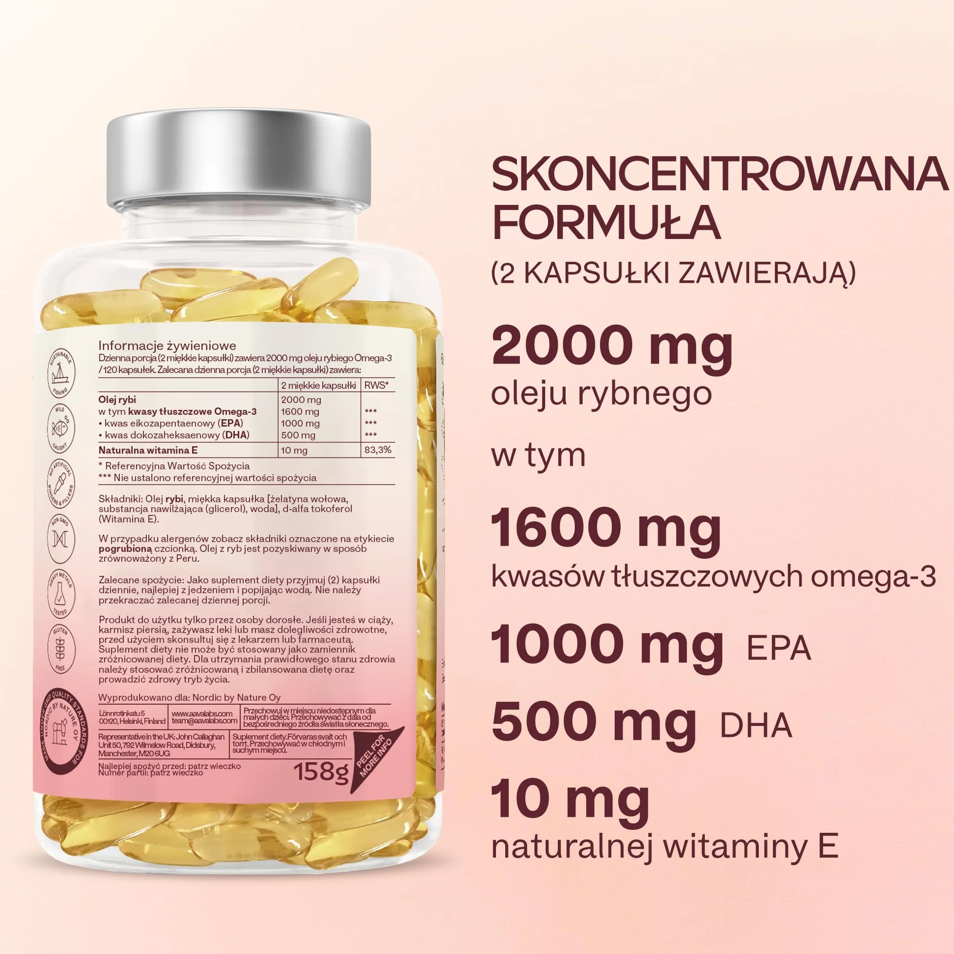 Omega 3 kapsułki o wysokiej dawce – 2000 mg oleju z ryb na dzień (2 kapsułki) – 1000 mg EPA + 500 mg DHA na dzień – skuteczne kwasy tłuszczowe omega-3 – zrównoważony połów – 120 kapsułek – na 60 dni