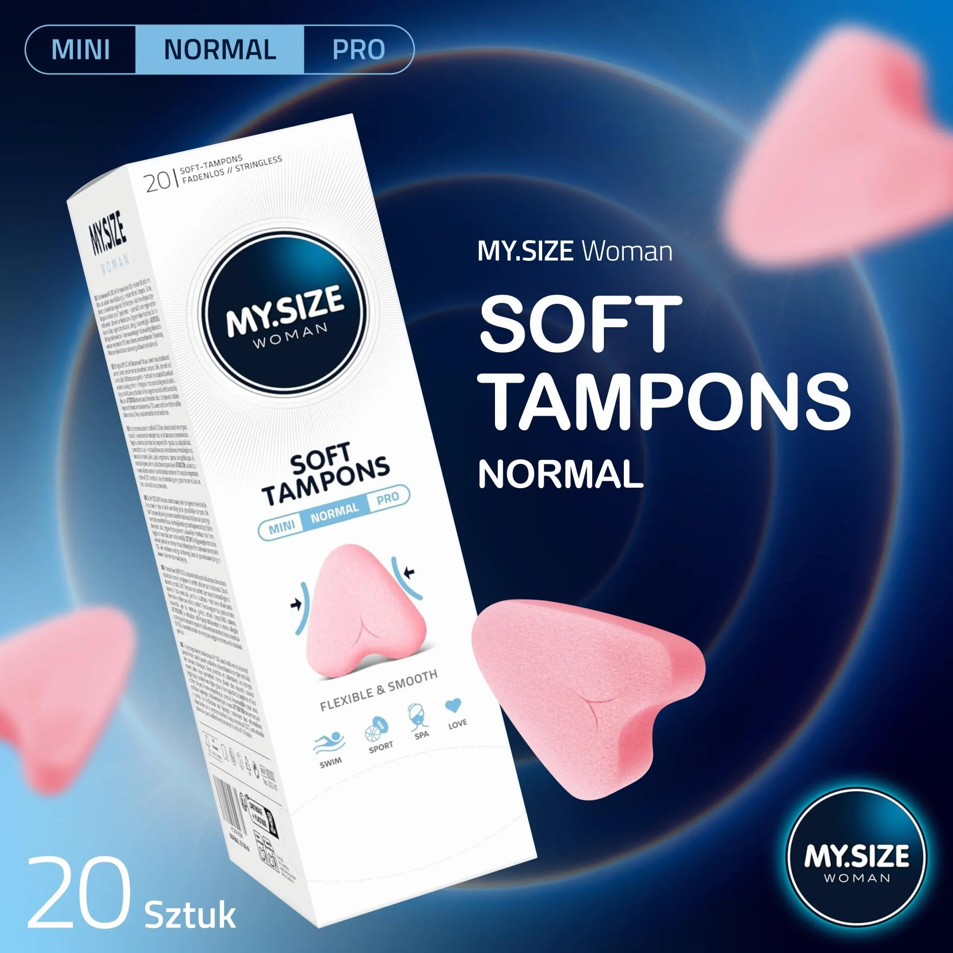 MY.SIZE Woman Soft Tampony NORMAL, 20 sztuk, tampony bez sznureczka do sportu, miłości i spa