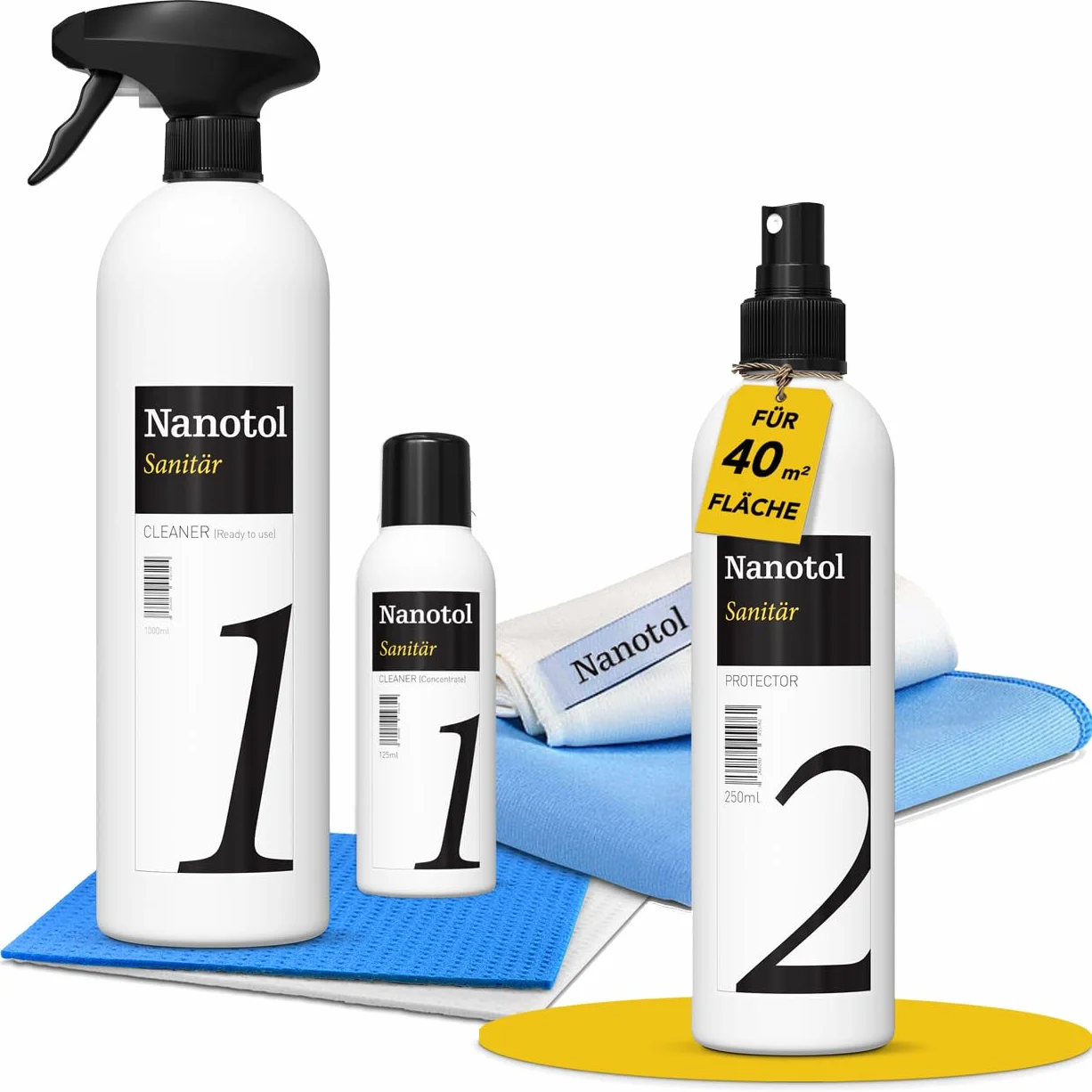 Profesjonalny zestaw do uszczelniania łazienkowego z efektem lotosu, nano-powłoka, zestaw sanitarny Nanotol z Cleaner & Protector + ściereczki z mikrofibry do ochrony przed kamieniem do kabiny prysznicowej, ceramiki, płytek - zestaw "M" na 40 m²