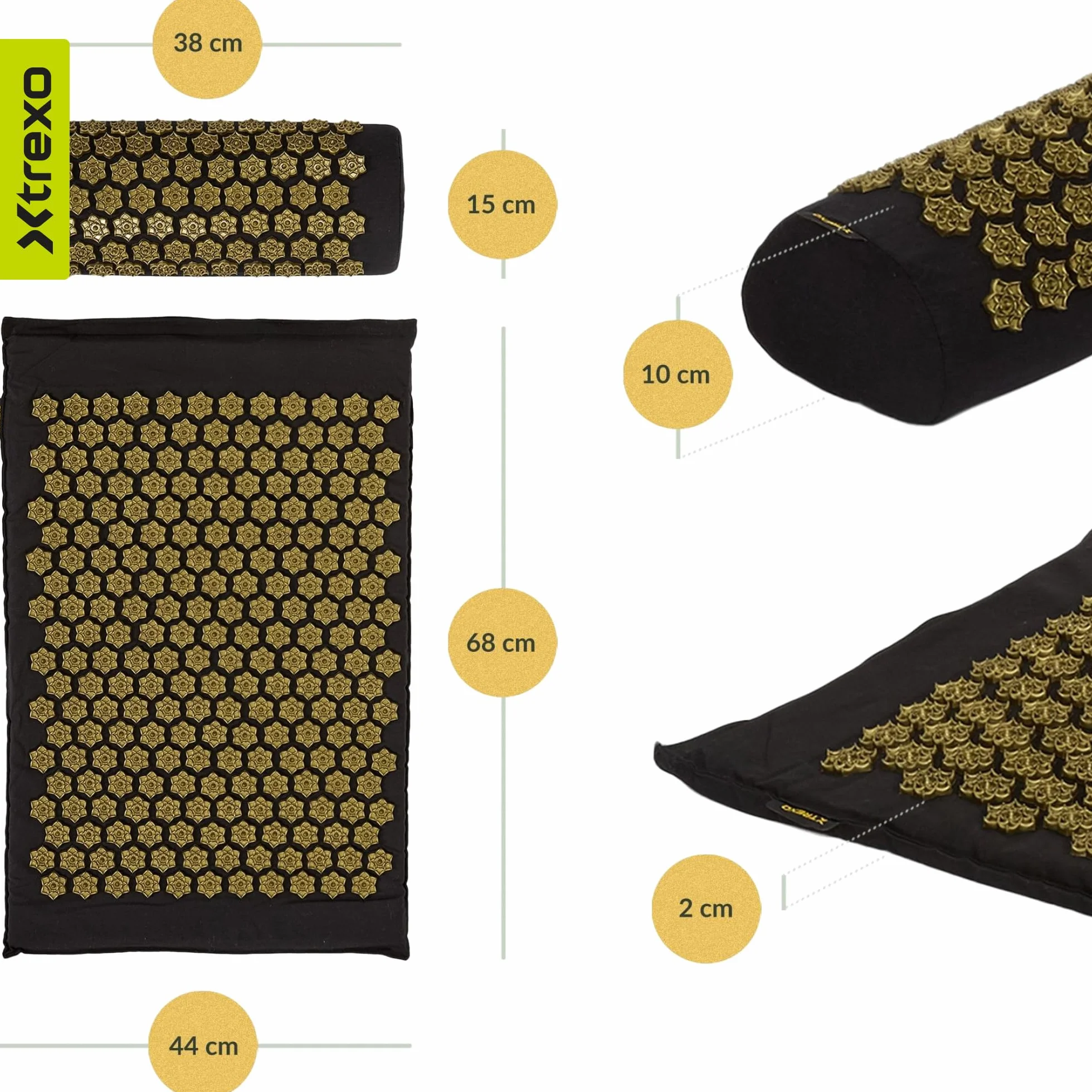 XTREXO Mata do akupresury z poduszką 38 x 15 x 10 cm, czarna, wymiary maty 68 x 44 x 2 cm, z bawełny i gąbki 18D, kolce HIPS redukują napięcia, wspomaga sen