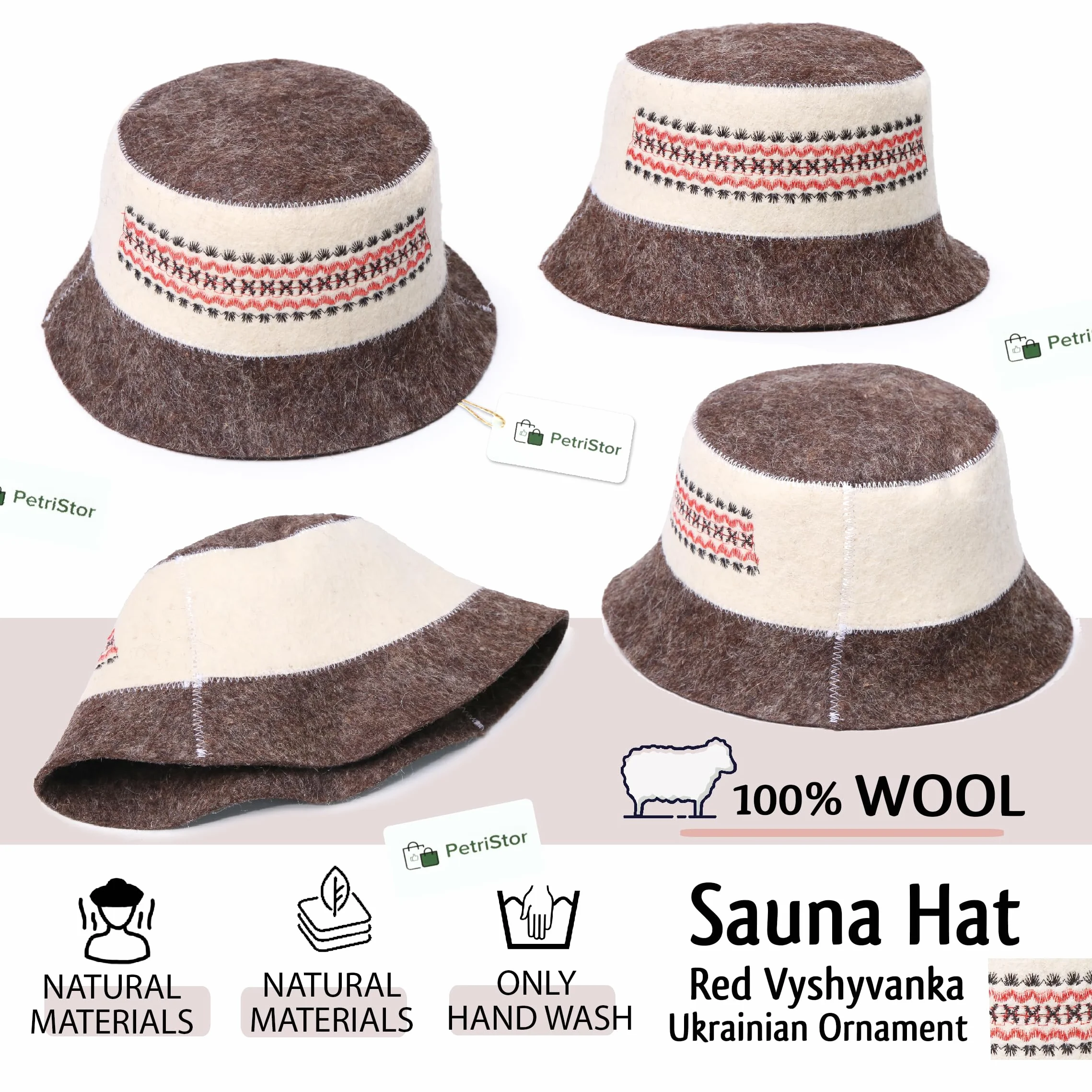 PetriStor Wełniana Czapka Do Sauny Banya Czerwona Vyshyvanka