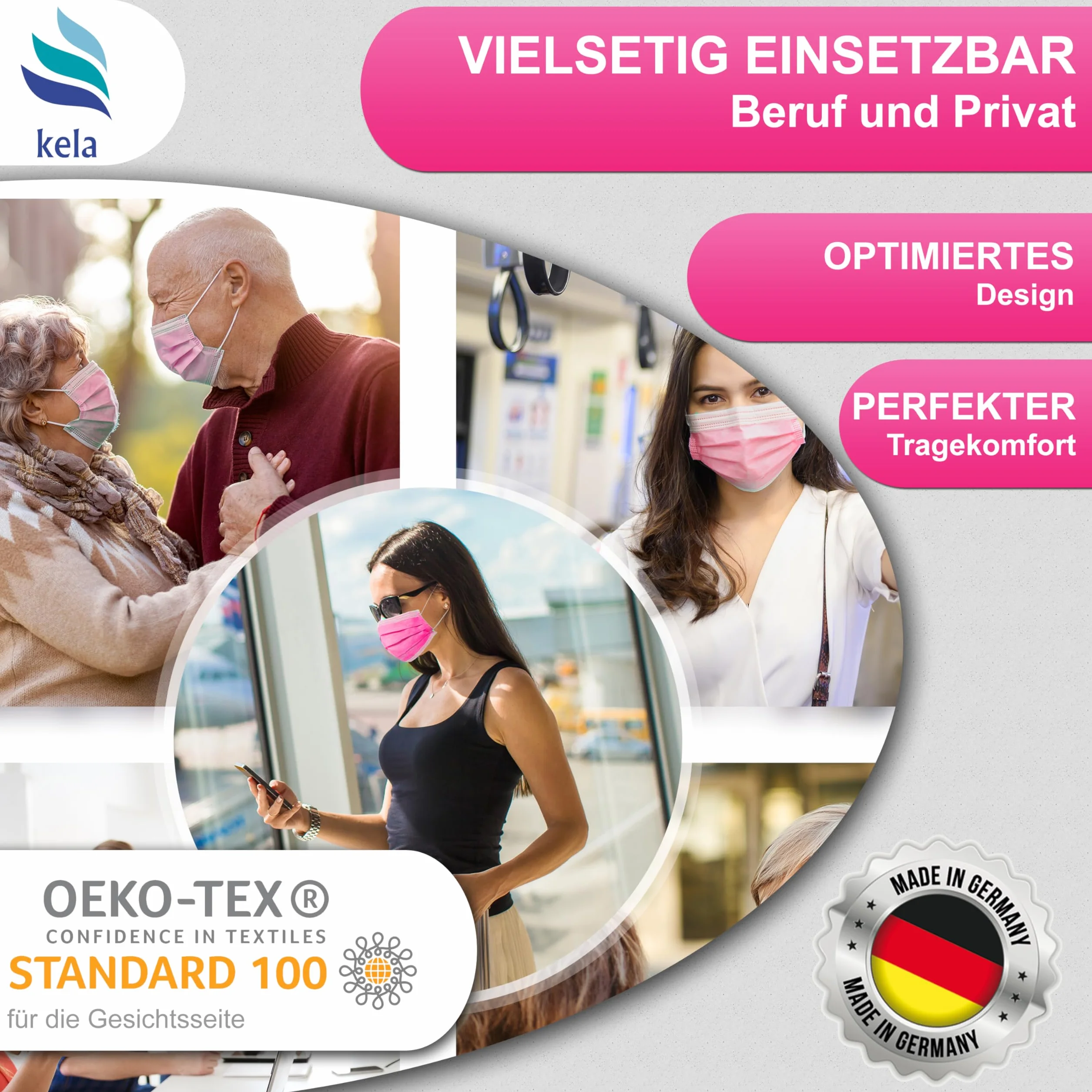 kela®, Maska medyczna, różowa, Made in Germany, maska medyczna do ochrony ust i nosa, jednorazowa maska chirurgiczna, certyfikat CE, DIN EN 14683 typ IIR, BFE > 99,88%, 3-warstwowa