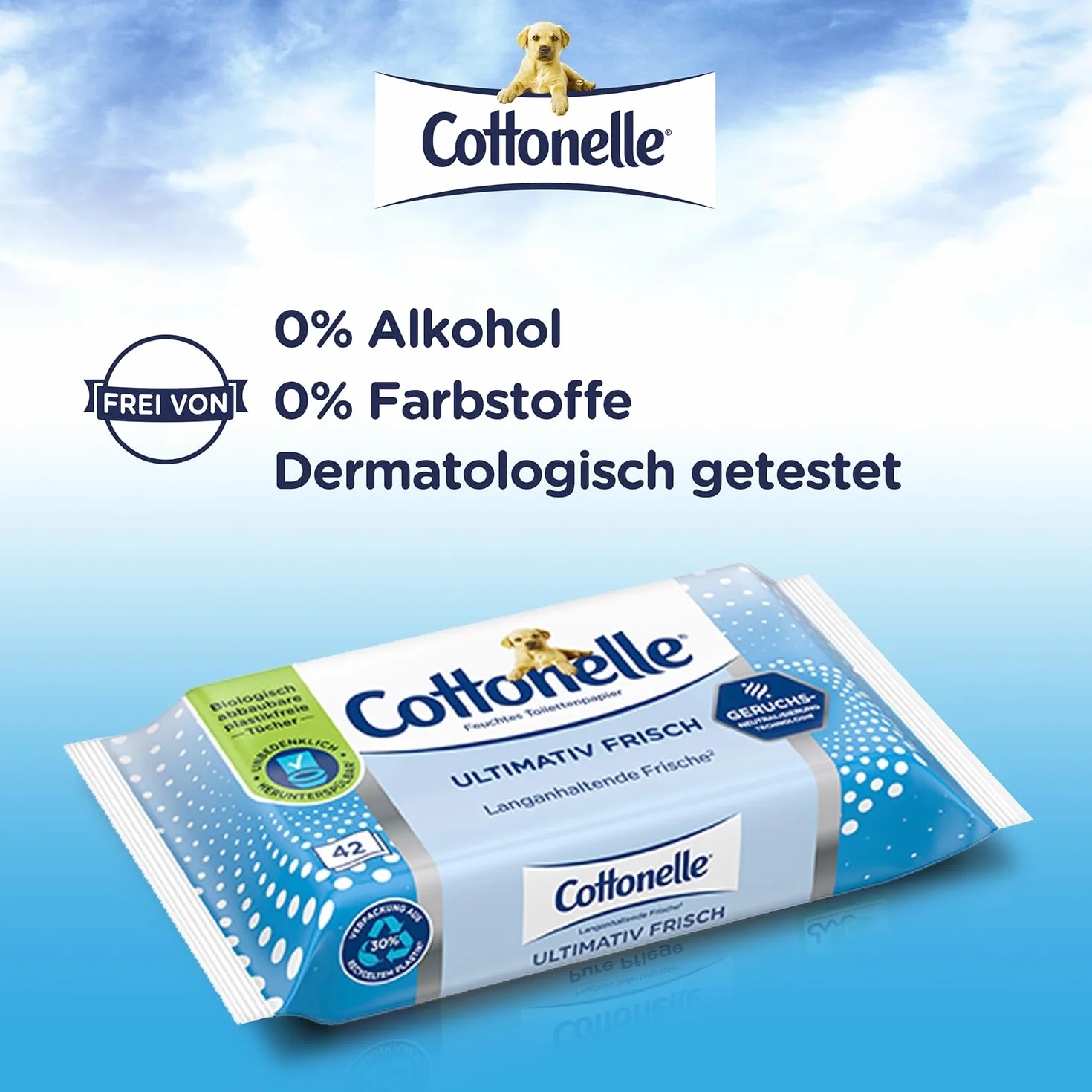 Cottonelle® Ultimativ świeżo wilgotne ściereczki toaletowe – biodegradowalne, technologia DEODYCYLX™, delikatne dla skóry, 12 opakowań po 42 chusteczki, bez alkoholu i barwników