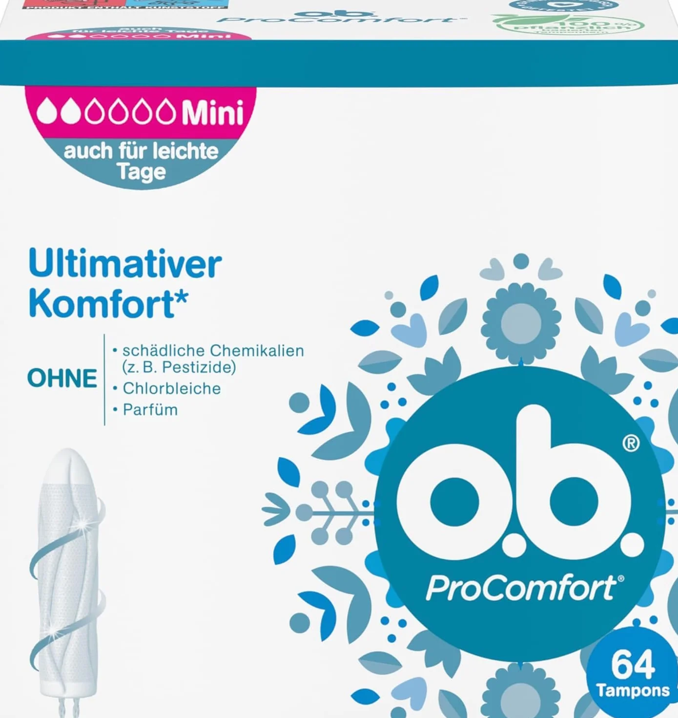 o.b. ProComfort Mini tampony na lekkie i średnie dni z technologią Dynamic Fit i powierzchnią SilkTouch, zapewniają najwyższy komfort* i niezawodną ochronę (1 x 64 sztuki)