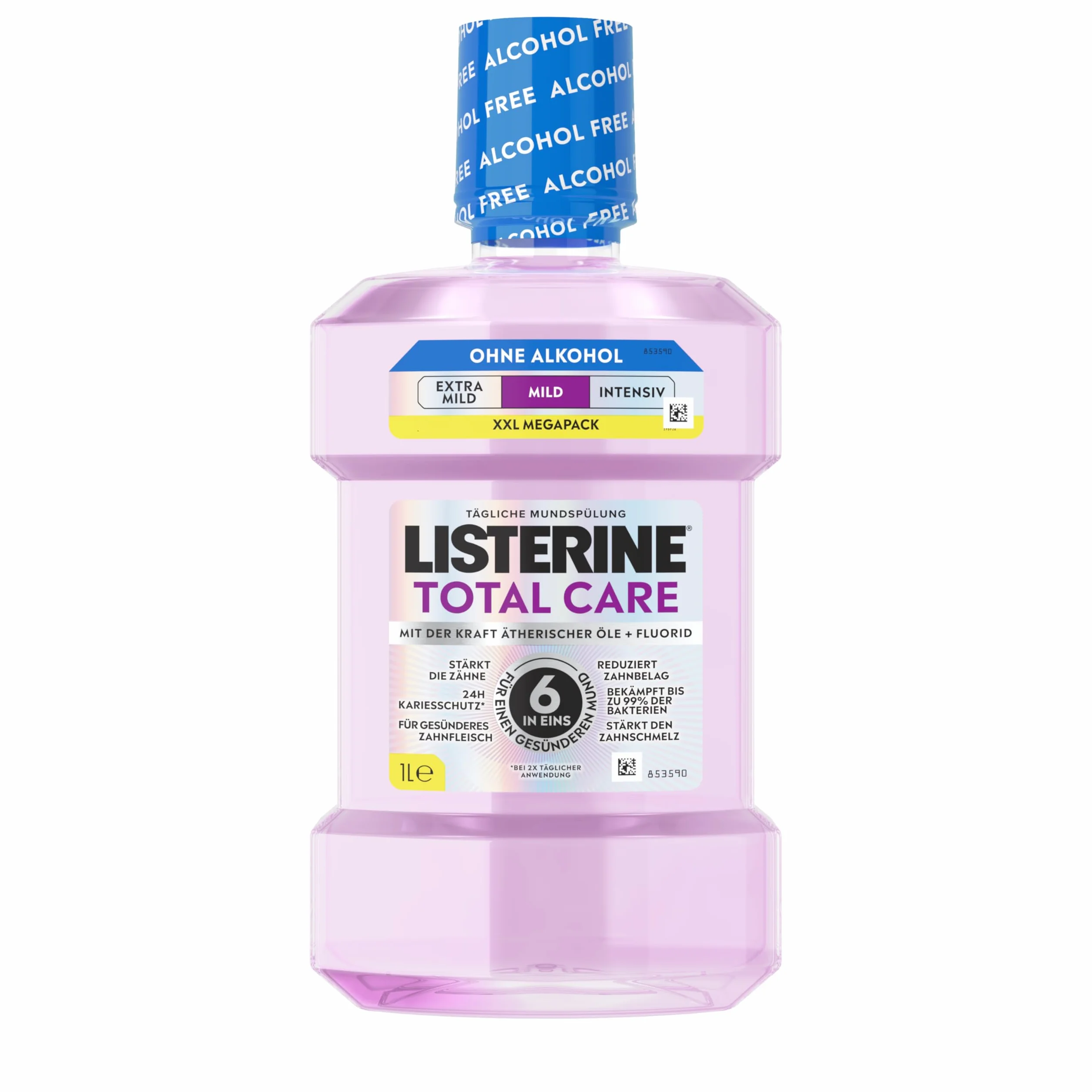 Listerine Total Care Mild łagodny płyn do płukania jamy ustnej, bez alkoholu, z olejkami eterycznymi i fluorkiem, działanie 6 w 1 z ochroną przed próchnicą i redukcją płytki nazębnej, łagodny smak