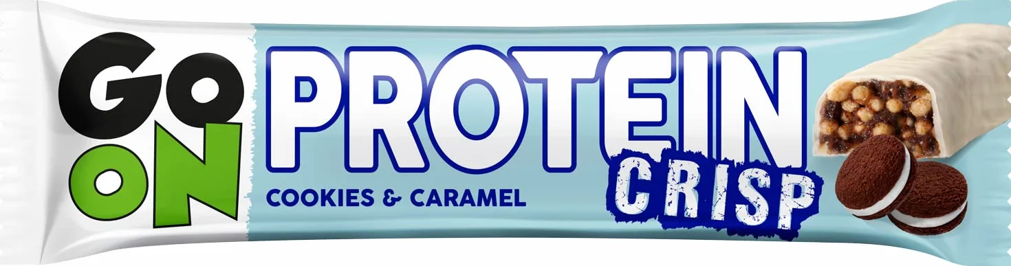 GO ON - Batony proteinowe Crisp 24 x 50 g, Batony białkowe, Odżywcze, Sportness Fitness Snacks, Idealne dla osób aktywnych - Ciasteczka i karmel