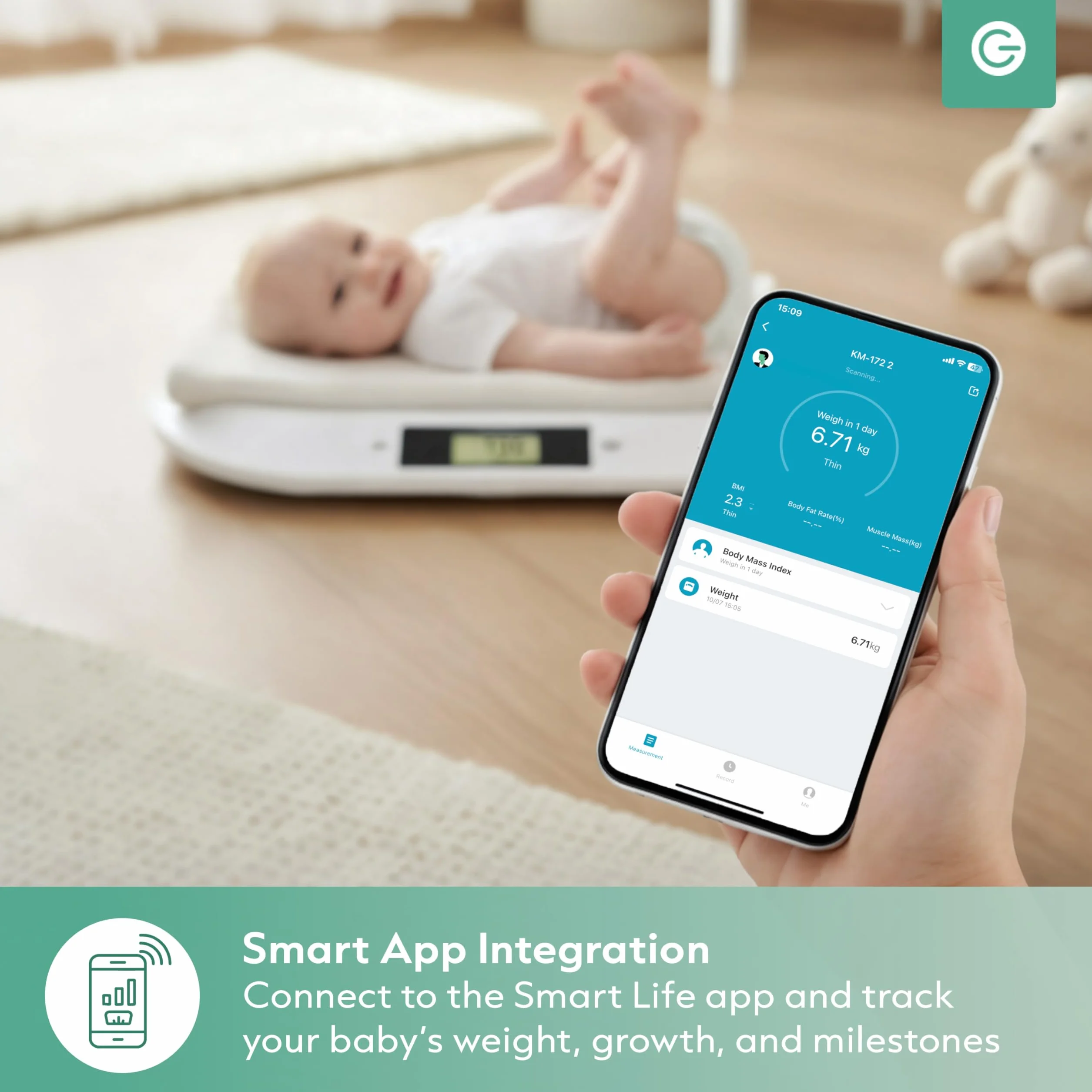 Silvergear Inteligentna waga dla niemowląt z Bluetooth | cyfrowa waga dla niemowląt z aplikacją dla noworodków, dzieci, zwierząt domowych | precyzyjny pomiar do 20 kg | aplikacja Smart Life | 54,5 x