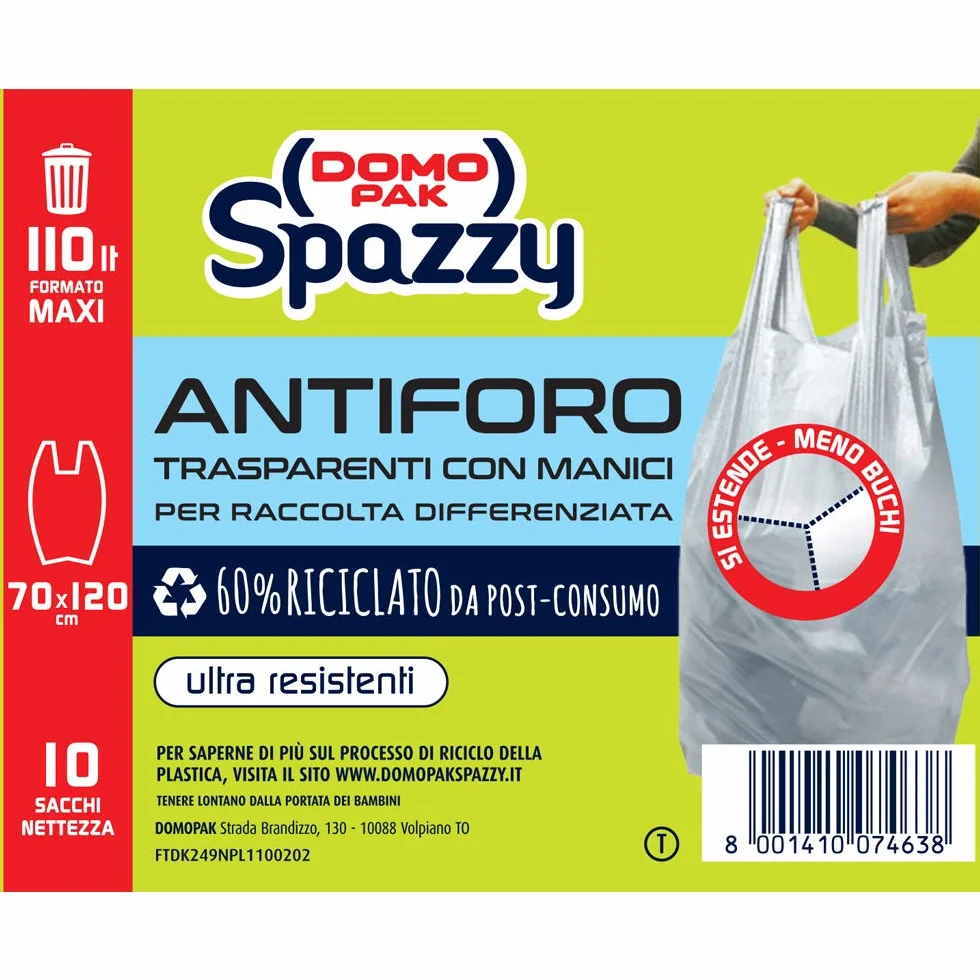 Domopak Spazzy Nettezza worki z otworami z uchwytami – segregacja śmieci – mieszkanie 110 l – neutralne, przezroczyste – 5 opakowań po 10 sztuk, 10 sztuk (opakowanie 5 sztuk)