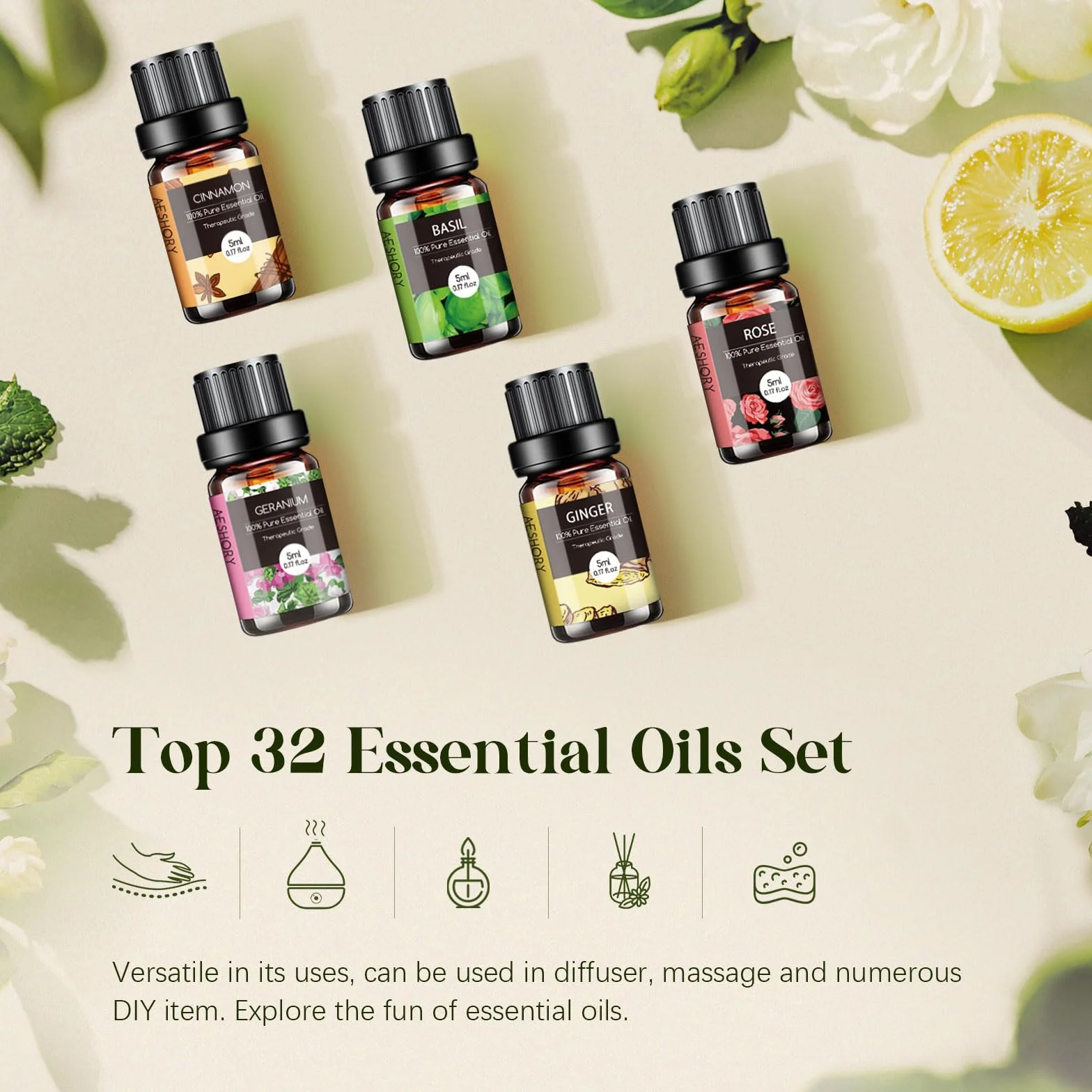 Aeshory Zestaw Olejków Eterycznych 32 X 5ml, 100% Czysty Naturalny Olejek Aromaterapeutyczny Do Dyfuzora, Nawilżacza Powietrza, Domowego Zapachu, Czyszczenia, Wyrobu Świec, Mydła, Relaksu, Masażu