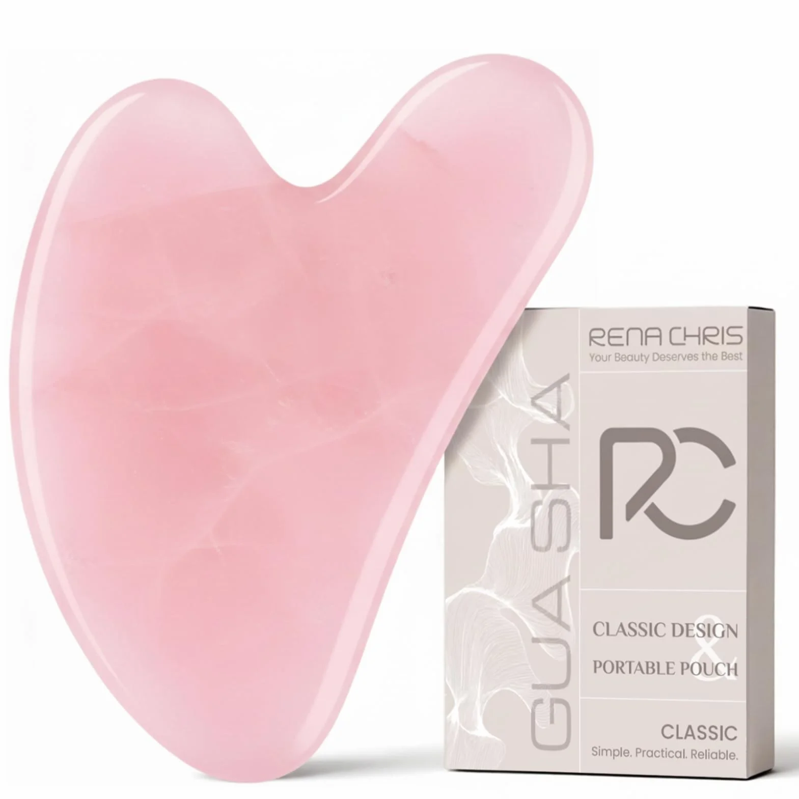 Rena Chris 100% Naturalny Różowy Kwarc Gua Sha Stone, Narzędzie do Twarzy GuaSha do Modelowania Linii Szczęki i Redukcji Obrzęków, Gua Sha Massage Tool do Codziennej Pielęgnacji Skóry (Różowy)