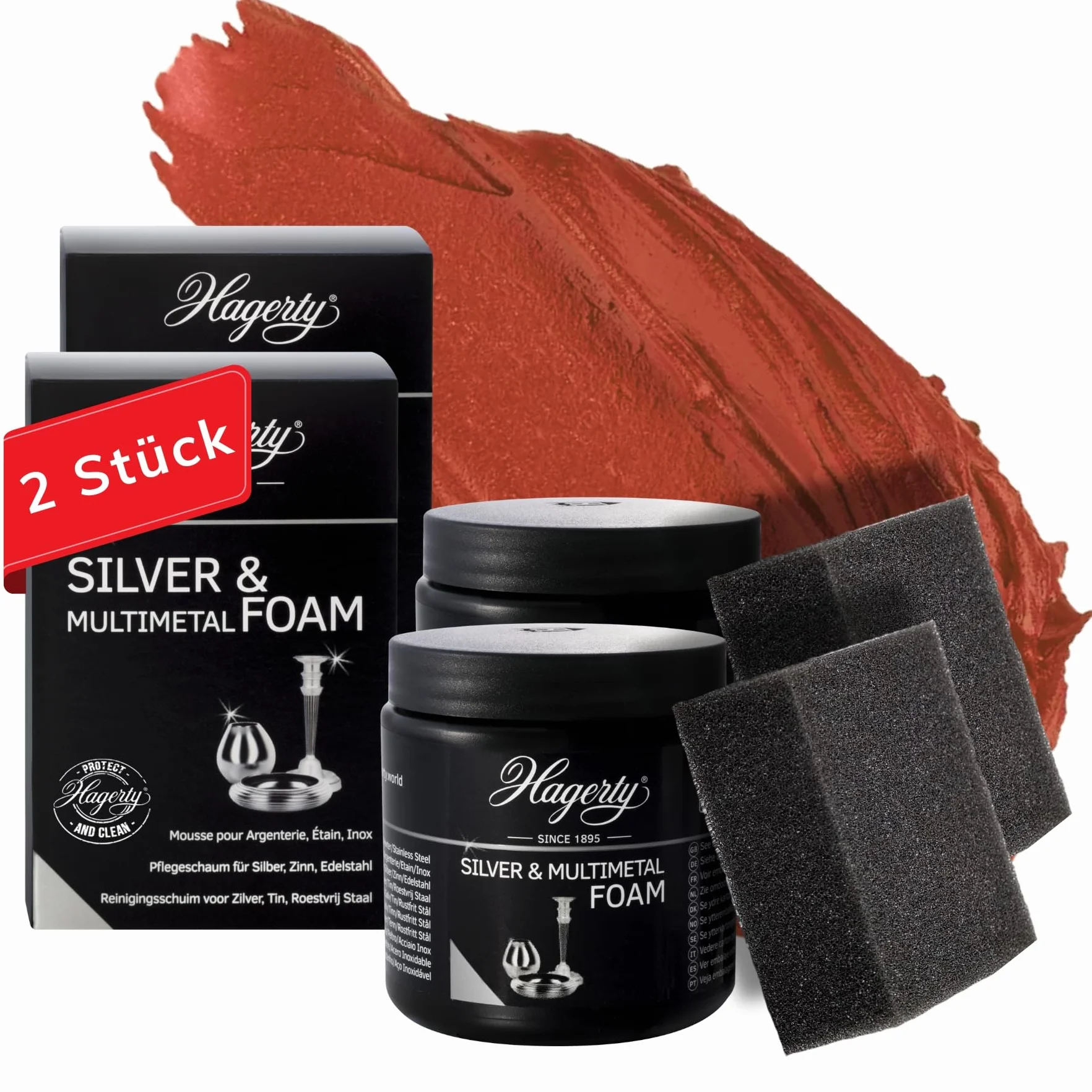 Hagerty 2 x Silver & Multimetal pianka do czyszczenia piany, po 185 g, skuteczna pasta pielęgnacyjna do srebra, metalu, cyny, stali nierdzewnej, chromu, środek czyszczący do odnowionego połysku, w