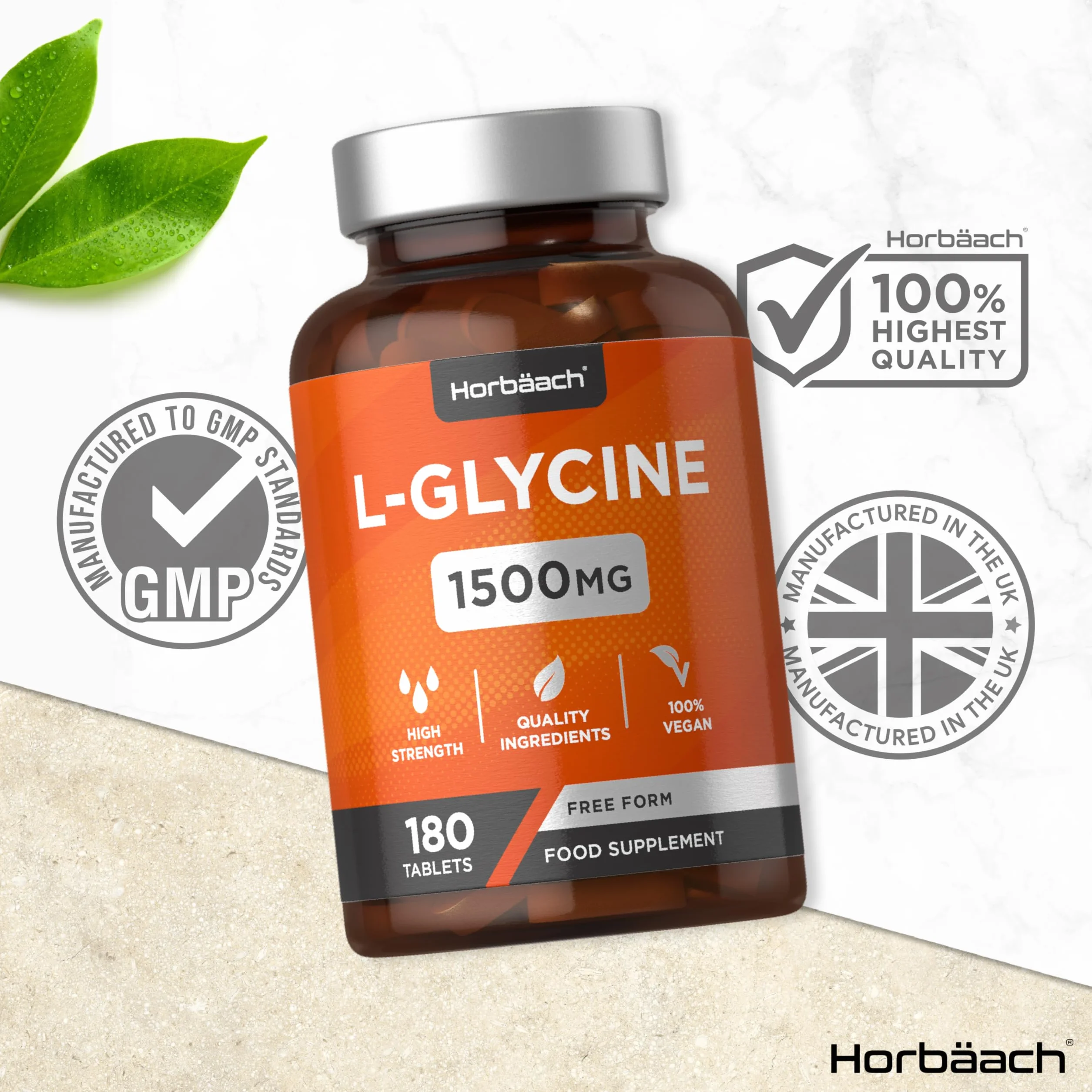 L-Glicyna 1500 mg | Wysokiej Mocy Aminokwas | 180 Tabletek | 100% Wegański Suplement Diety | marki Horbaach