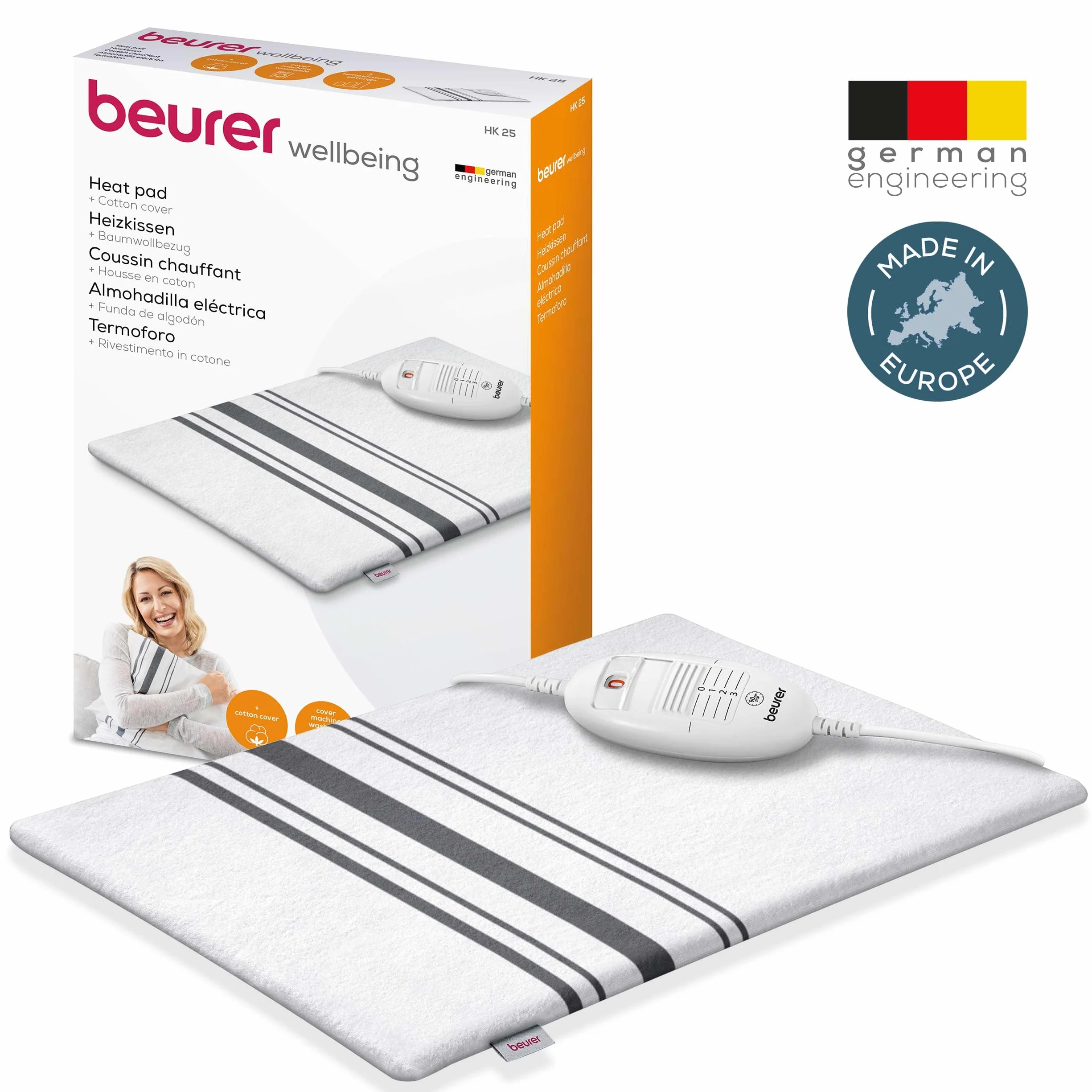 Beurer HK 25 poduszka grzewcza 40x30 cm, 3 poziomy temperatury, automatyczne wyłączanie, pranie w pralce, biało-szara
