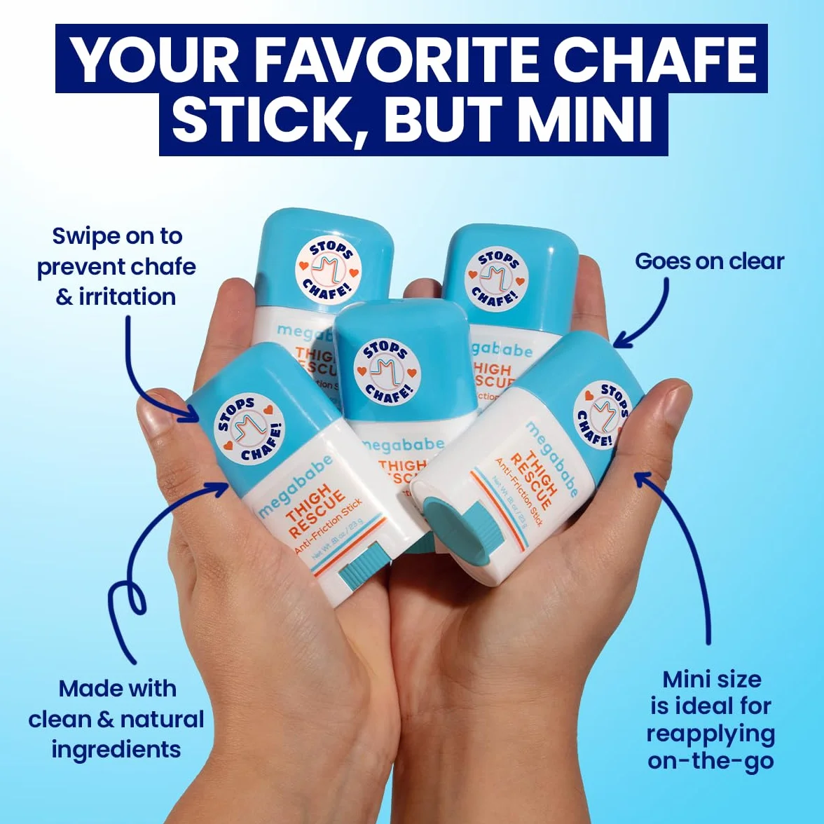 Megababe Mini Thigh Rescue Anti Chafe Stick – matowy, naturalny, przeciwzapalny, nawilżający, granat, do wszystkich rodzajów skóry, 1 sztuka