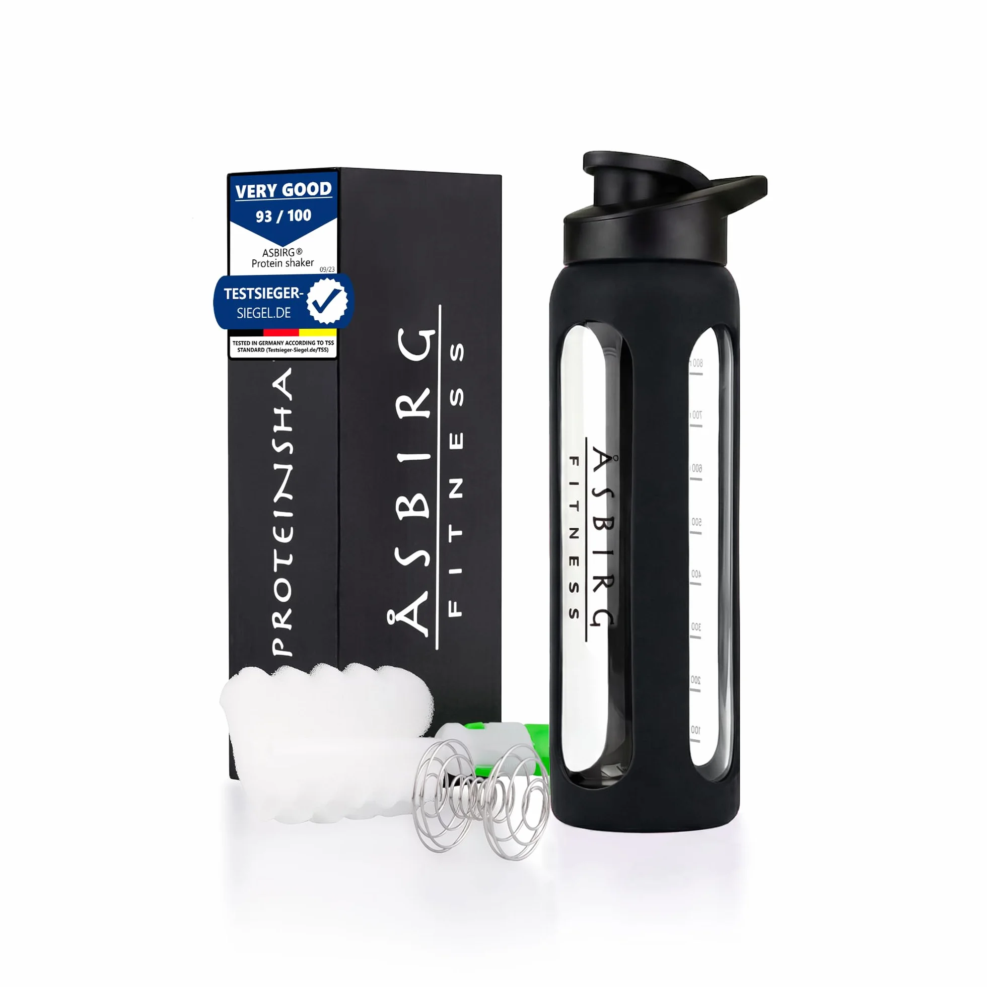 Szklana butelka proteinowa, 1000 ml, szczelna i wolna od BPA, ze szkła borokrzemowego, z kulką mieszającą, do gładkich koktajli proteinowych, smoothie, zamienników posiłków i fitnessu, czarna