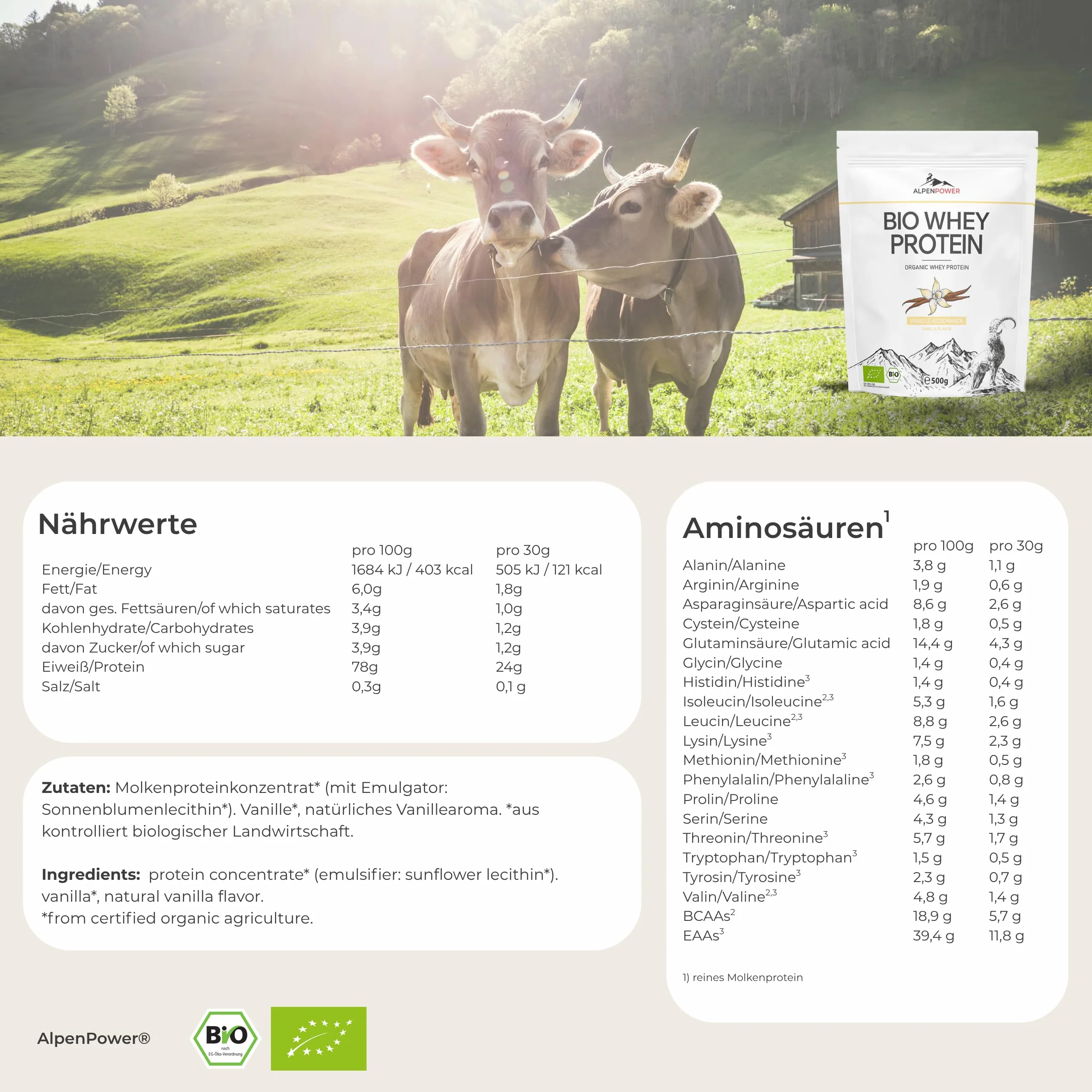 AlpenPower Bio WHEY Protein Vanilla 1 kg – 100% naturalne białko CFM w proszku