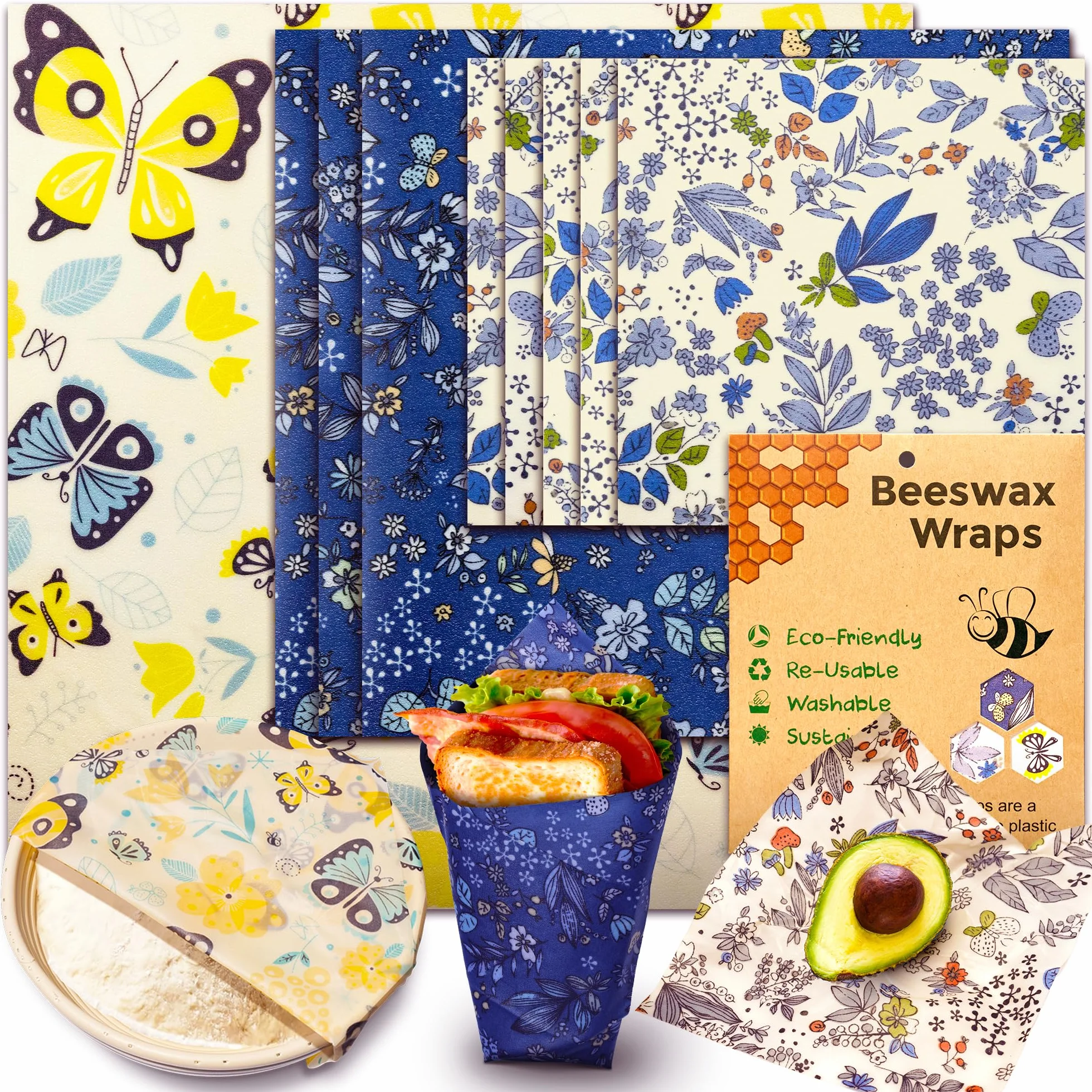 OHIYO Wielokrotnego użytku owijka z wosku pszczelego do żywności, 9-pak z bawełny organicznej z woskiem pszczelim (1XL + 3M + 5S), owijka do chleba i kanapek, nadaje się do misek, owoców, sera