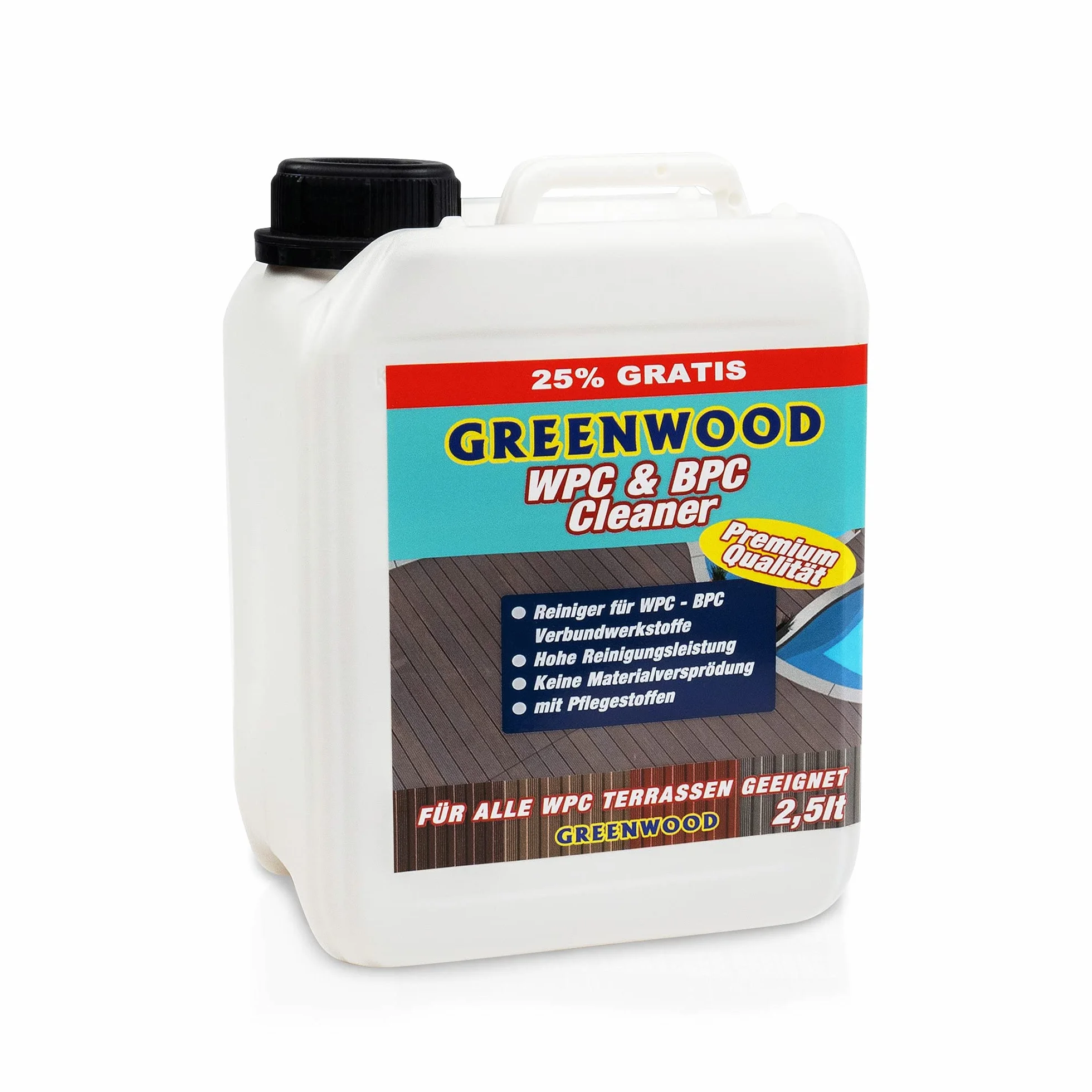 Greenwood WPC & BPC środek czyszczący do czyszczenia desek tarasowych, koncentrat do czyszczenia i pielęgnacji desek tarasowych, neutralne pH, 1 l/2,5 l (2,5 l)