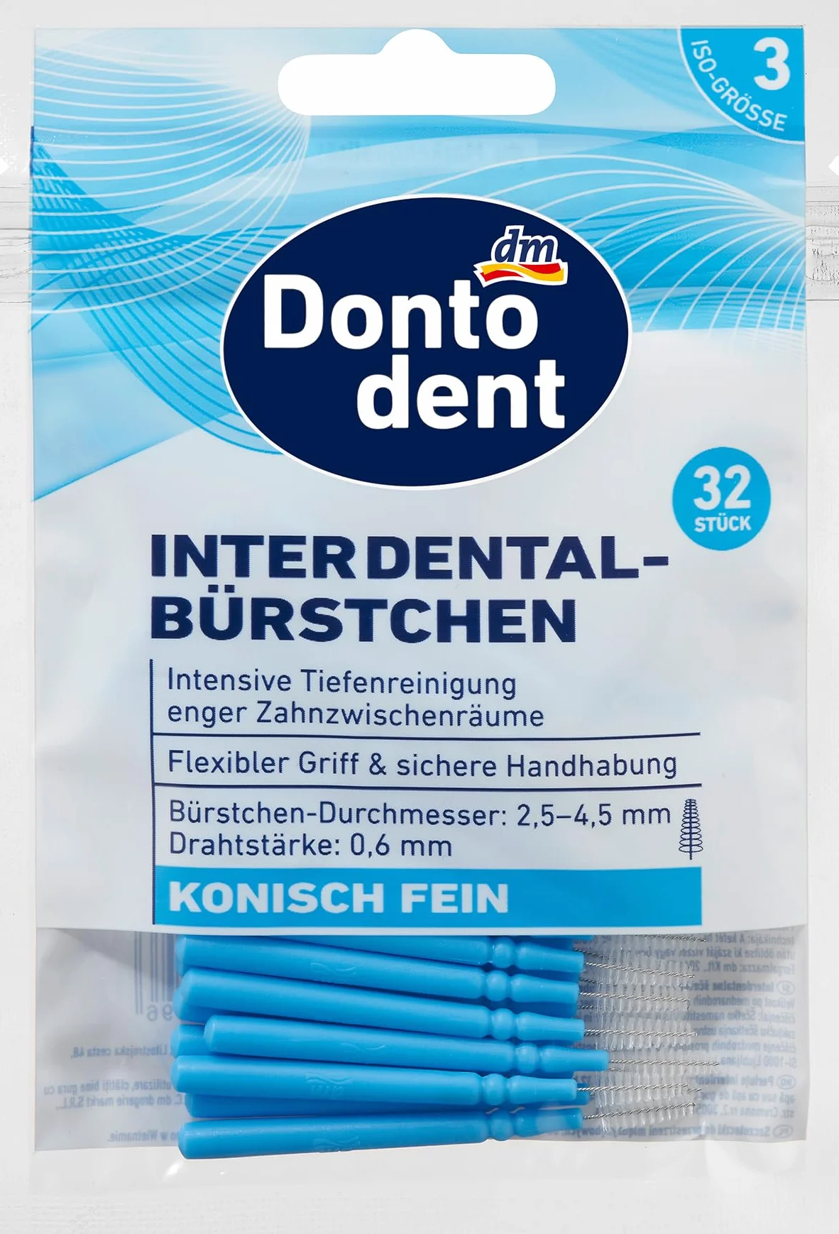 Dontodent Szczotki międzyzębowe ISO 3/3 mm, 32 niebieskie szczoteczki międzyzębowe – intensywne głębokie czyszczenie wąskich przestrzeni między zębami