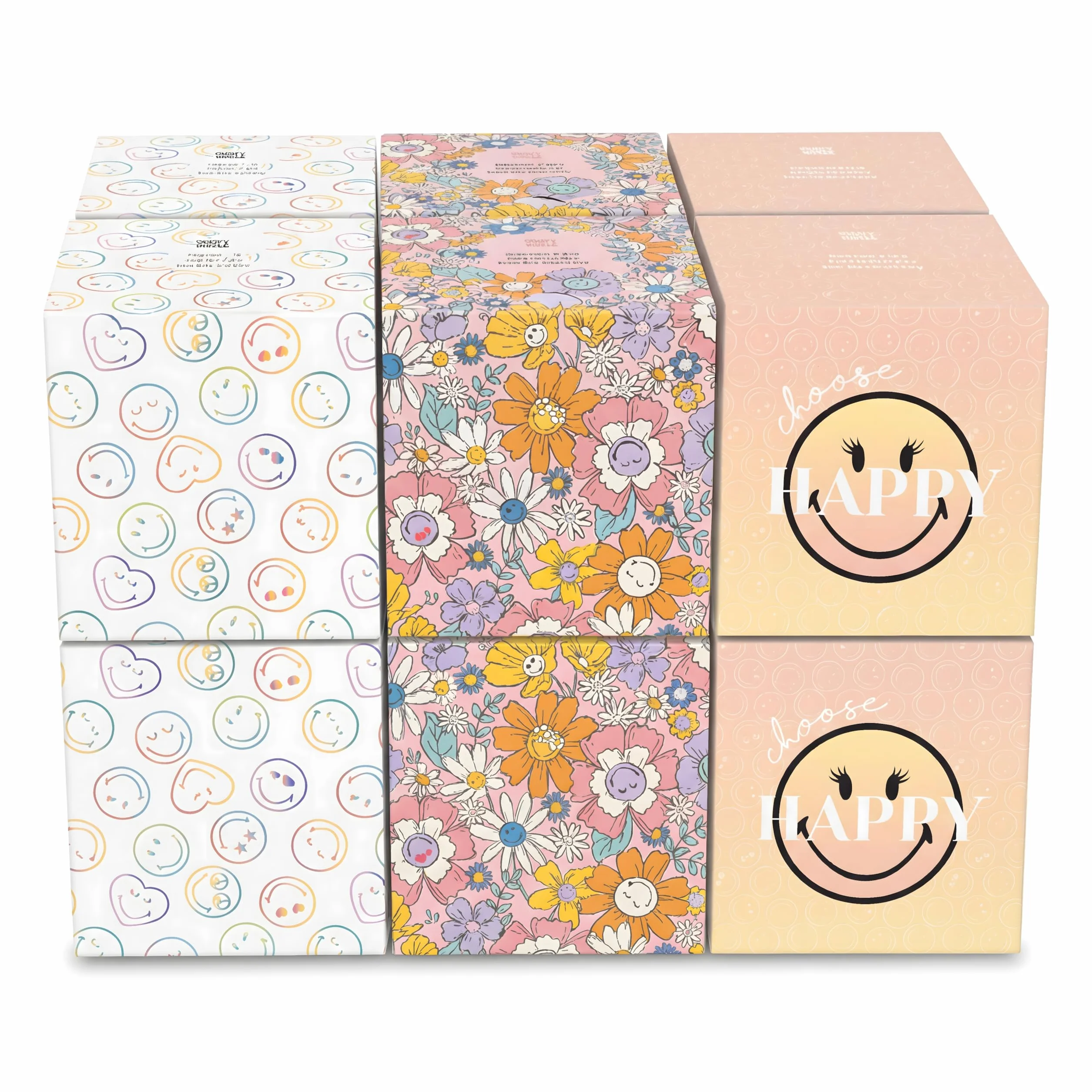 SMILEYWORLD Chusteczki - łącznie 576 arkuszy, 3 fałdy - wzór sześcianu (3 różne wzory) - 48 arkuszy w pudełku, 12 pudełek w kartonie | Chusteczki papierowe, ultra miękkie pudełko na chusteczki