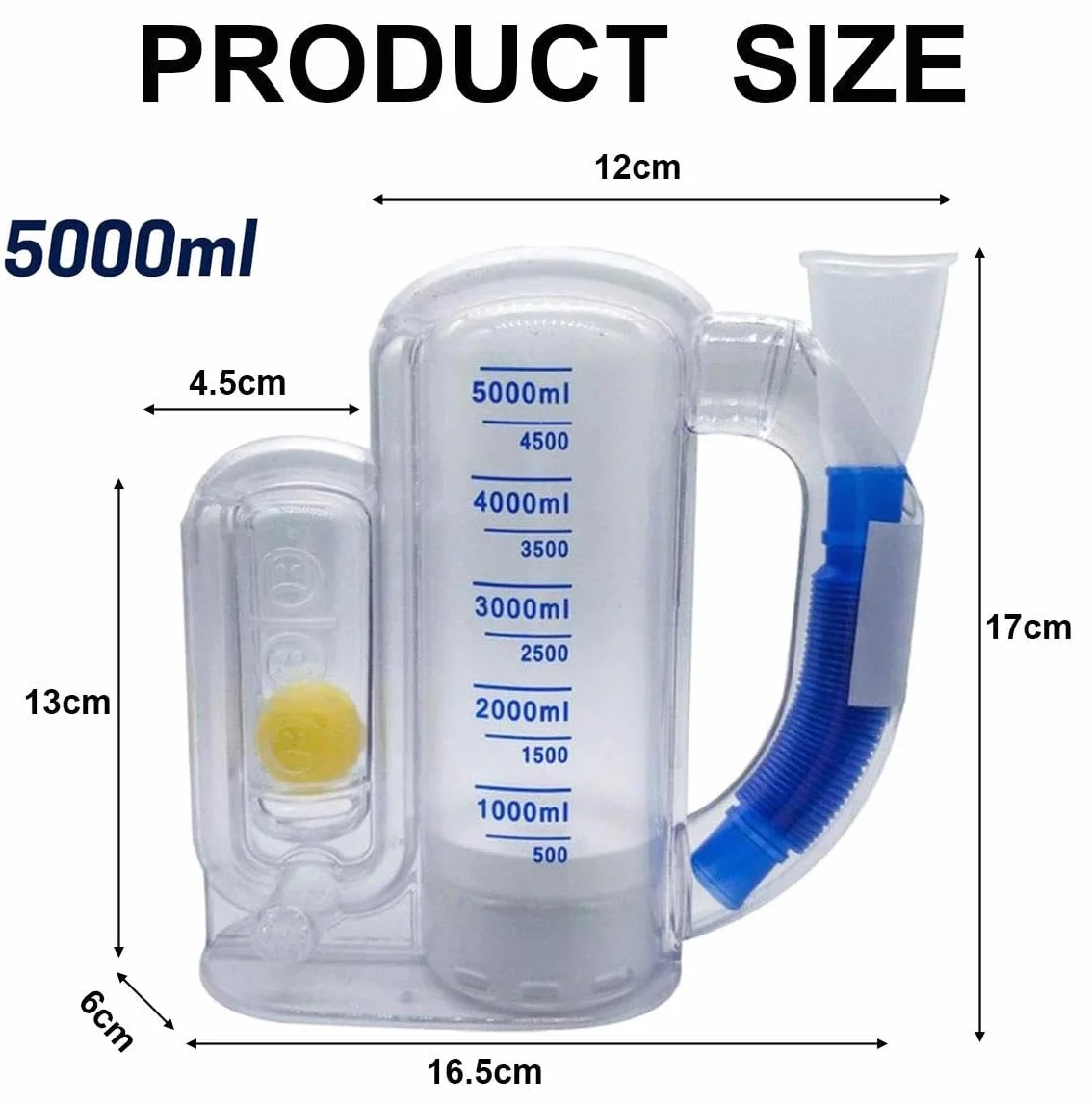 Spirometr 5000 ml, trener płuc, trener głębokiego oddychania ze wskaźnikiem przepływu, trener oddechowy, trener płuc, do ćwiczeń oddechowych, rekreacji pooperacyjnej