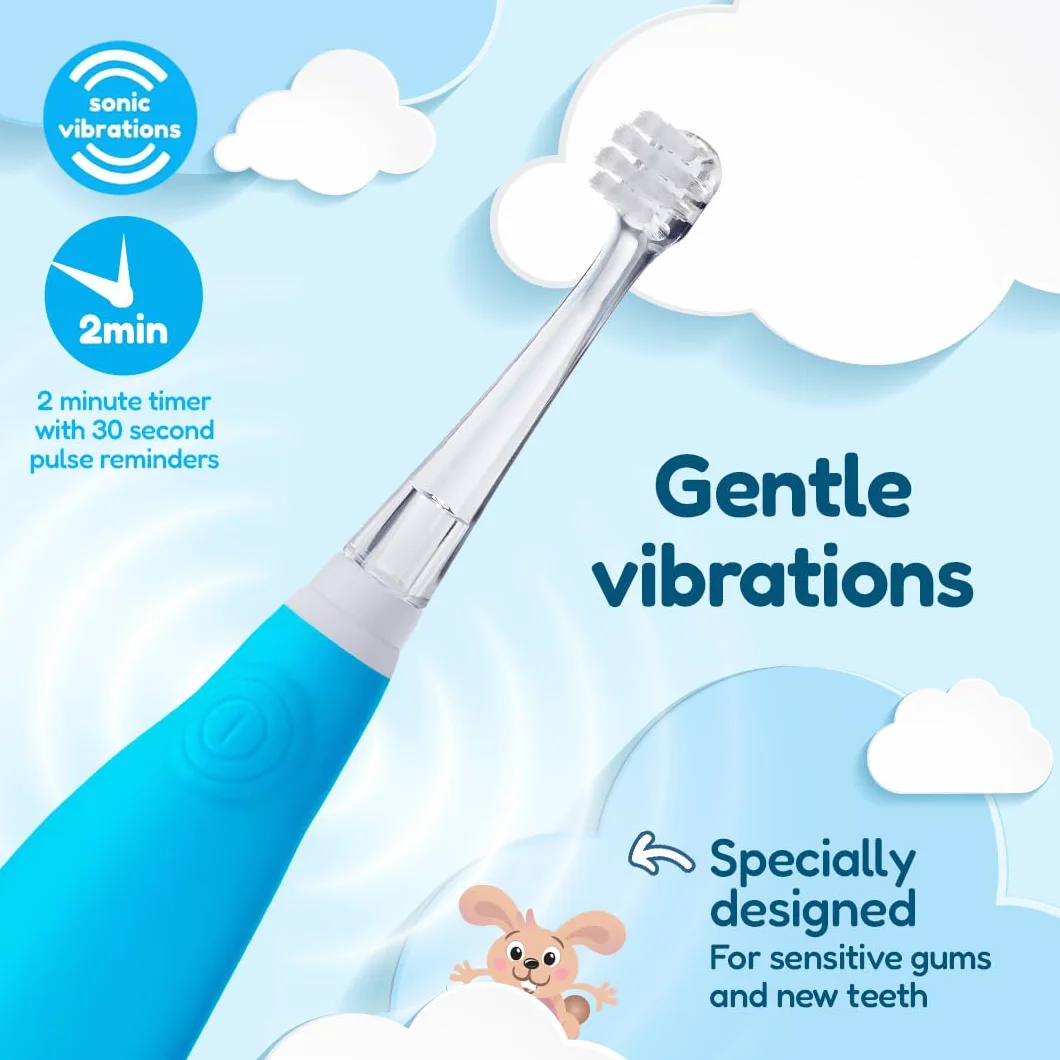 Brush-baby BabySonic elektryczna szczoteczka do zębów dla małych dzieci, bardzo miękkie włosie, timer 2-minutowy i podświetlana głowica szczoteczki do zębów dla dzieci w wieku 0-3 lat, niebieska