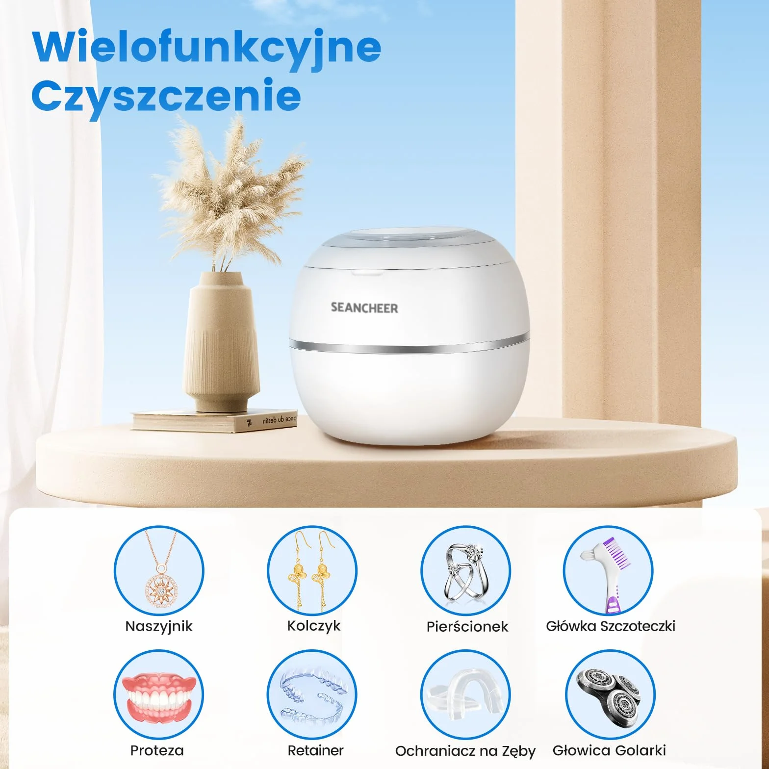 SEANCHEER Czyszczarka ultradźwiękowa 48kHz 180ML UV do protez retainerów alignerów szyn zębowych