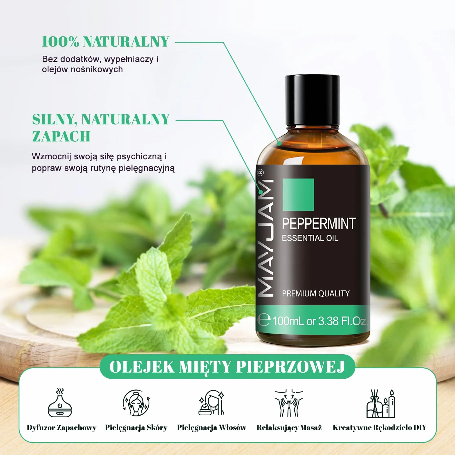 Olejek Eteryczny z Mięty Pieprzowej 100 ml, 100% Czysty i Naturalny Oraz Organiczny, Olejek Miętowy do Dyfuzora, Nawilżacza Powietrza, Aromaterapii do Pielęgnacji Skóry, Masażu, Relaksu
