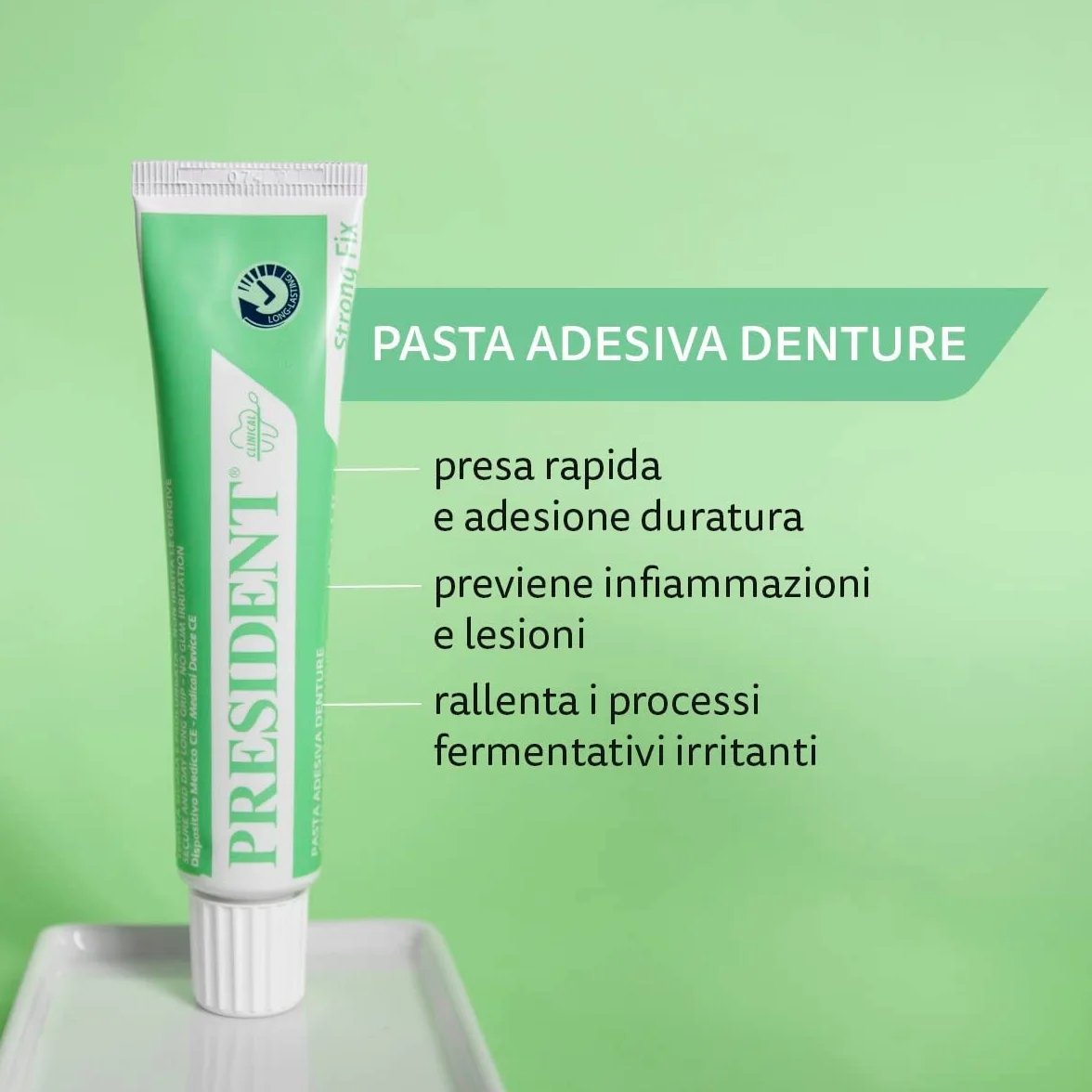President PASTA KLEJNA DENTURE. Silne mocowanie protez, szybkie chwytanie, trwała przyczepność, zapobiega wnikaniu pokarmu, stanów zapalnych i nieświeżego oddechu - 20 g