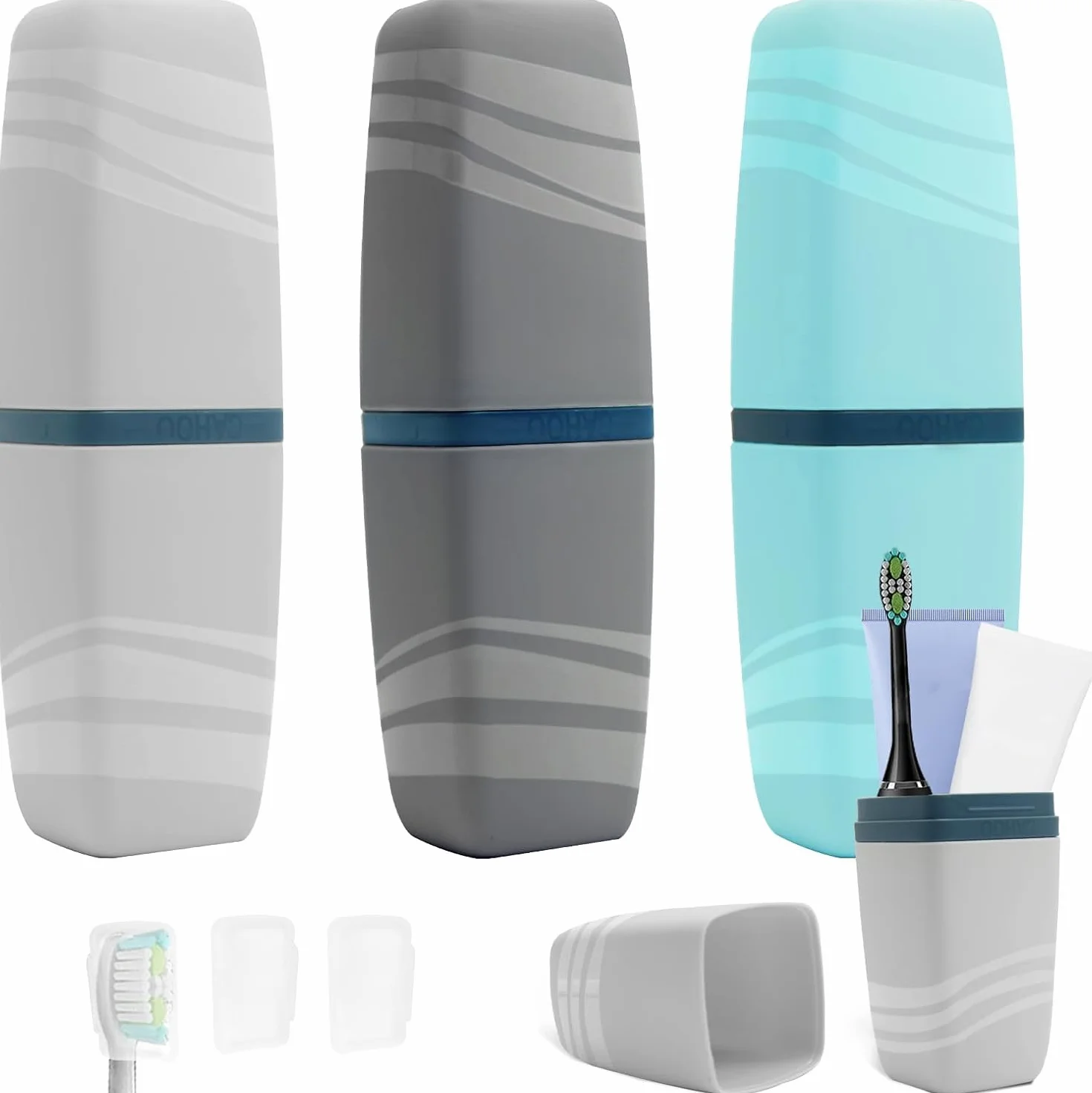Etui na szczoteczkę do zębów, pudełko na szczoteczkę do zębów, kubek podróżny, na kemping, do szkoły, na co dzień (3 kolory), niebieski/szary/czarny, Zestaw bagażu