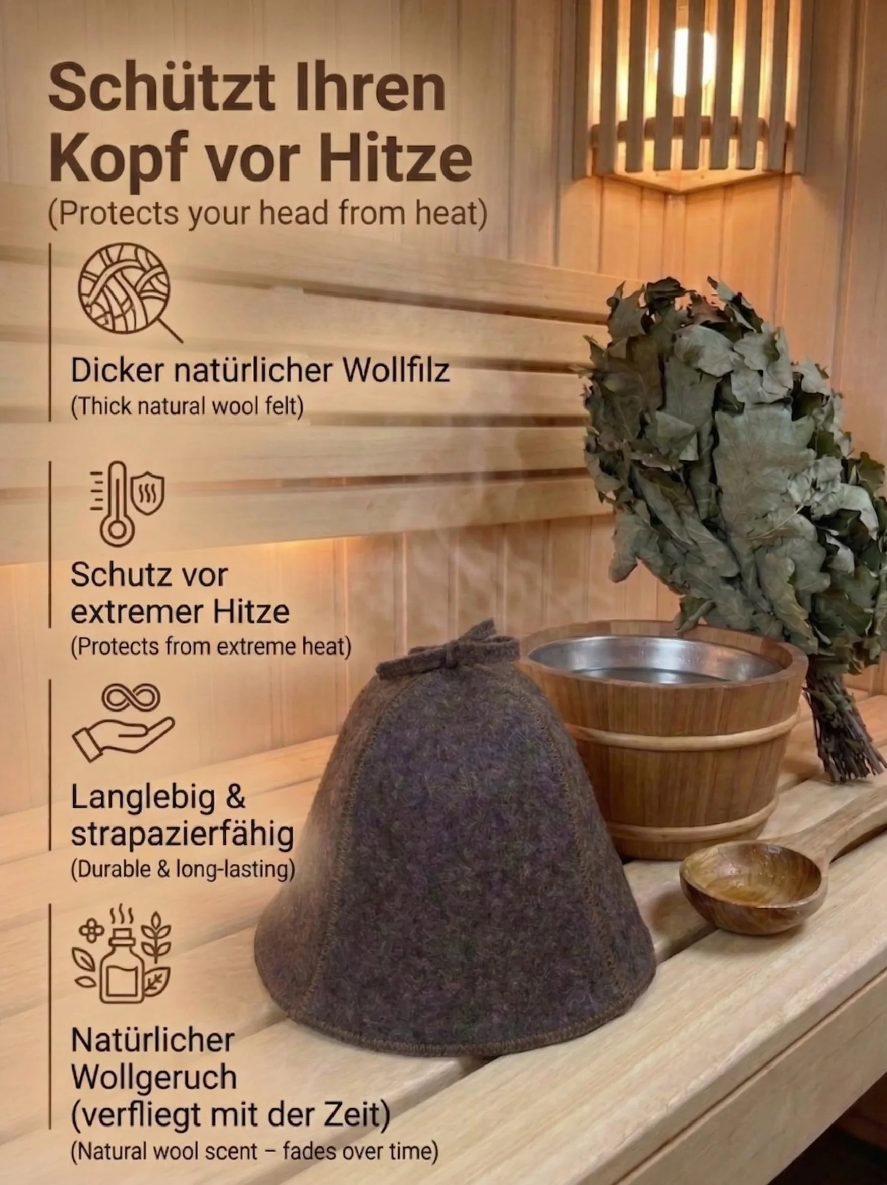 Kapelusz do sauny, 100% filc wełniany, naturalny, z haftem, dla kobiet i mężczyzn, Wellness, wełna filcowa